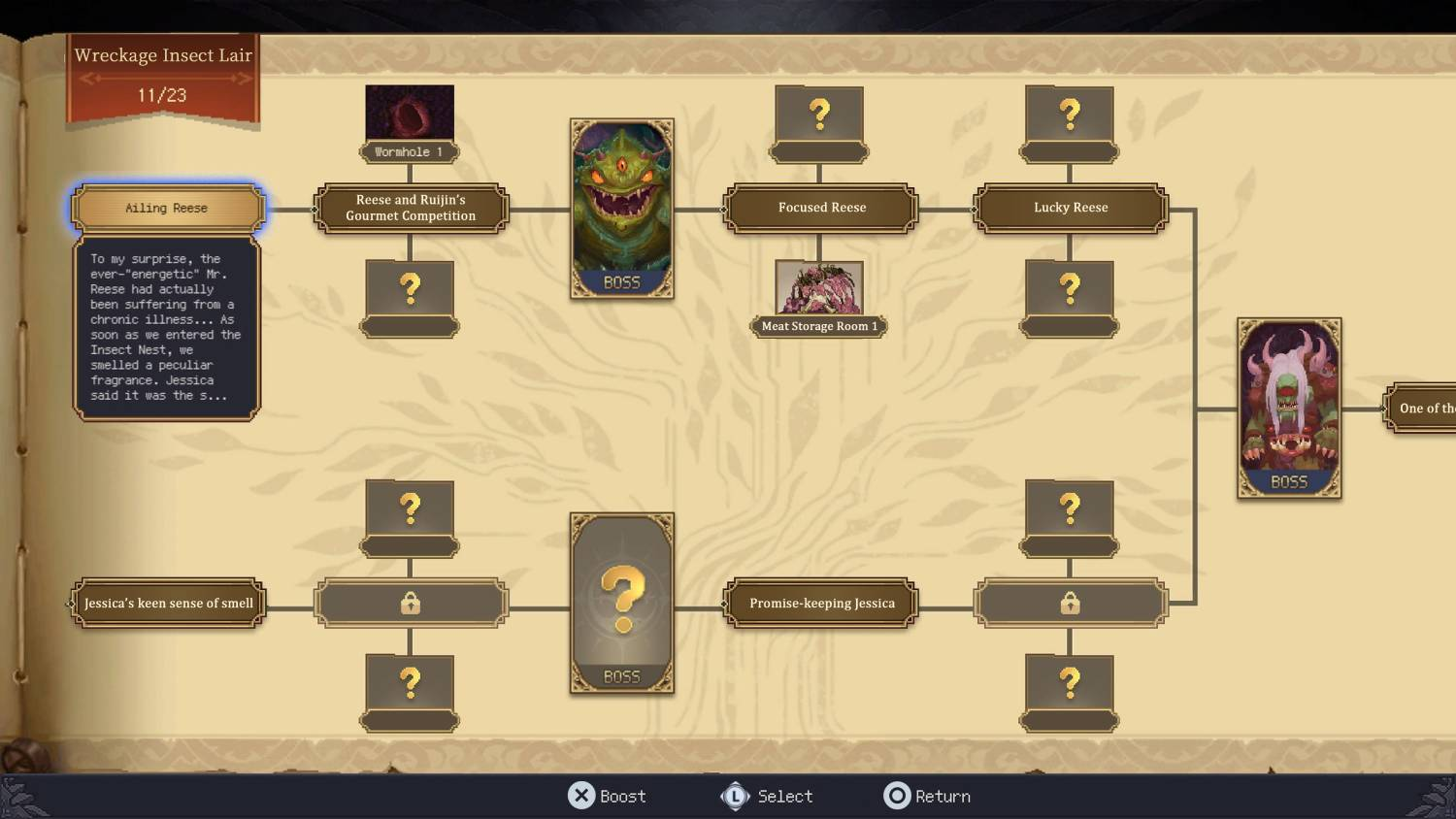 Un menú de juego que muestra un camino de ramificación con jefes y acertijos.