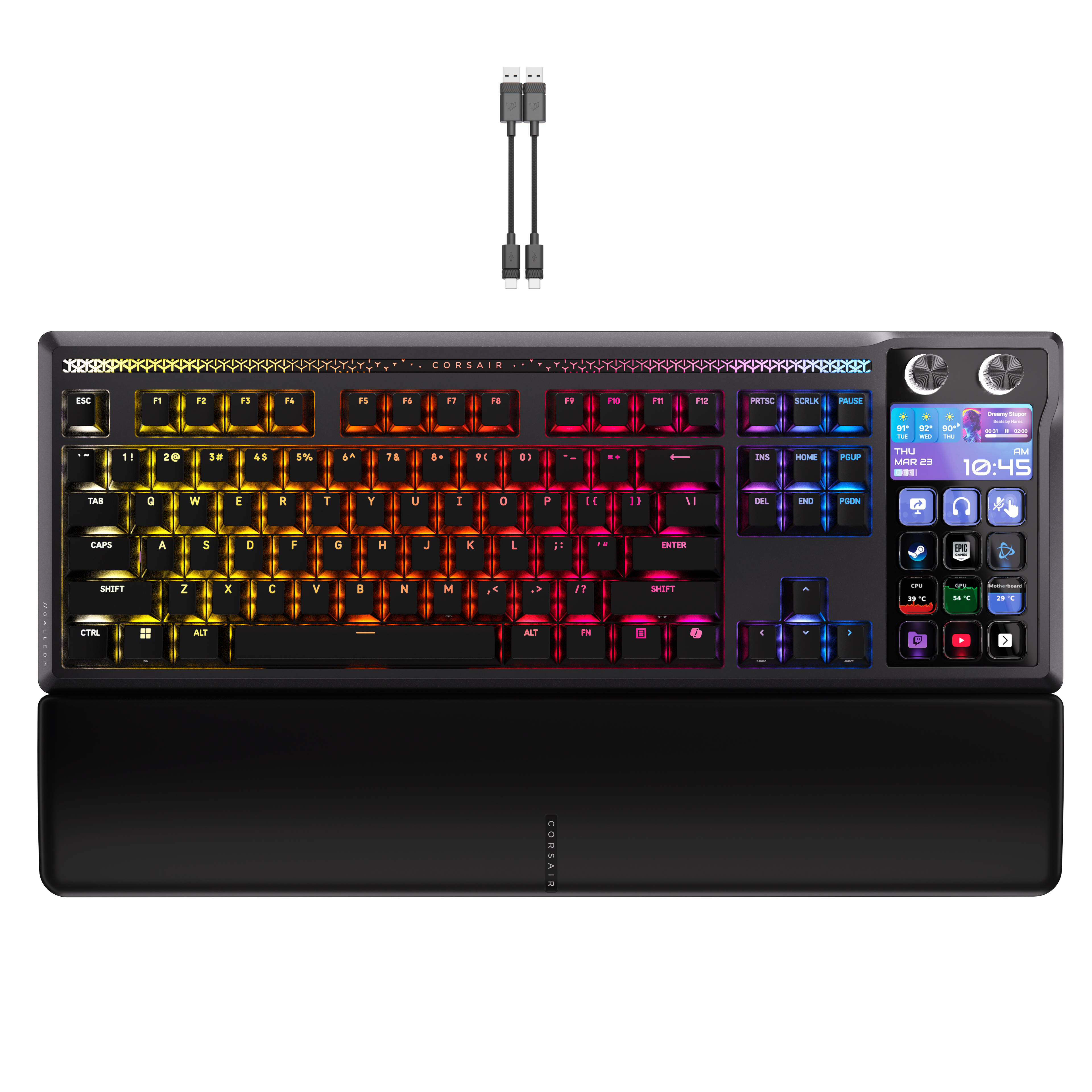 Eine schwarze Tastatur mit RGB-Beleuchtung und integriertem Display.