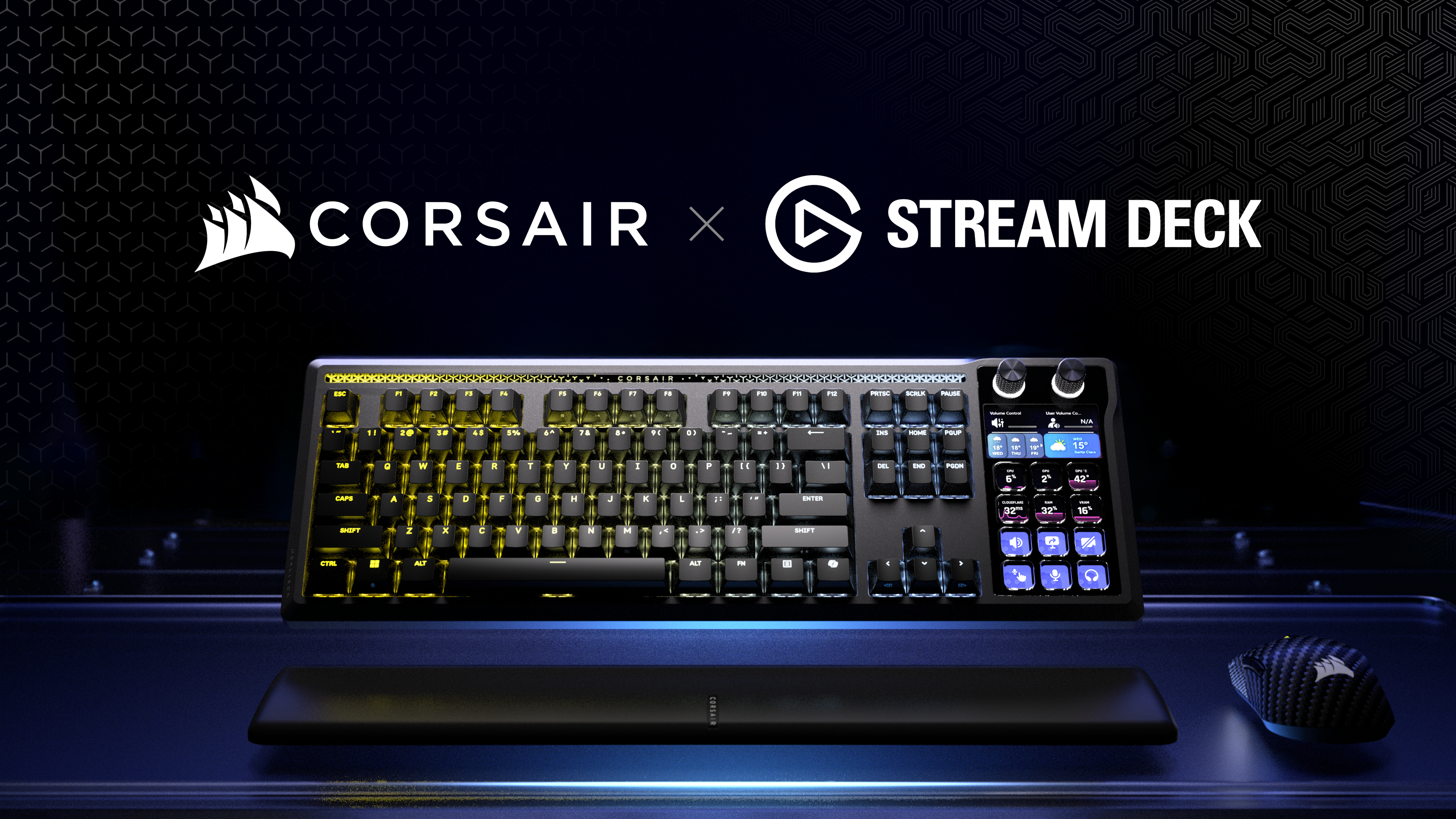 Corsair und Stream Deck Tastatur mit RGB-Beleuchtung, Handgelenkauflage und Maus.