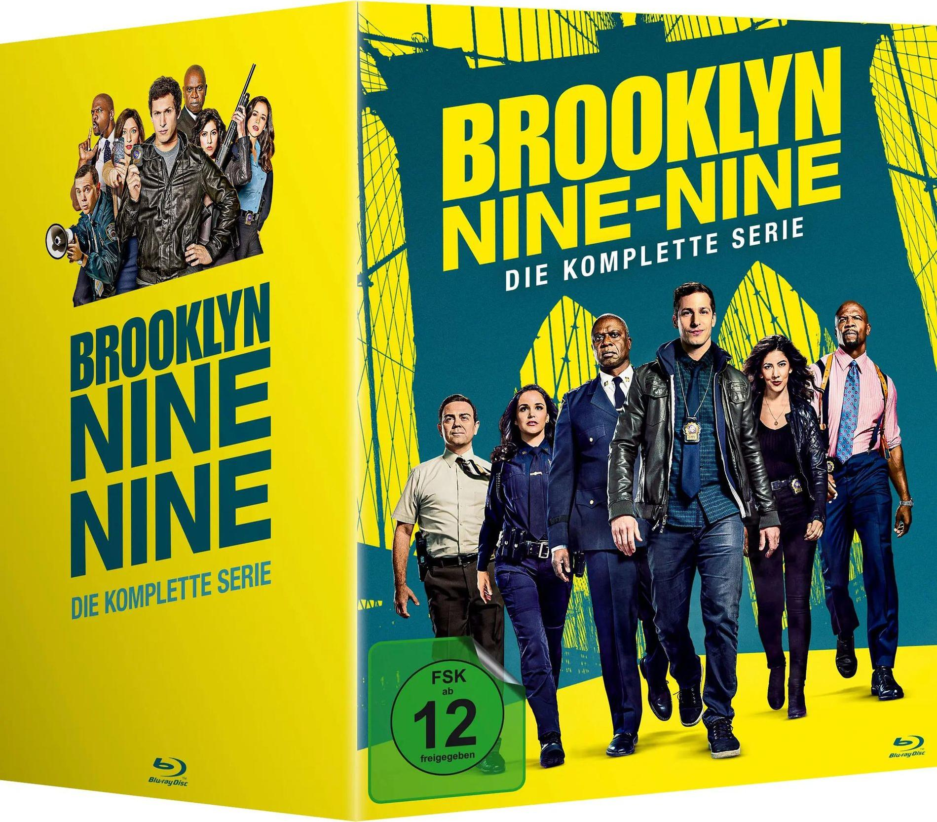 Die Brooklyn Nine-Nine Blu-ray-Box zeigt das Ensemble vor einem blauen Hintergrund mit gelber Schrift.
