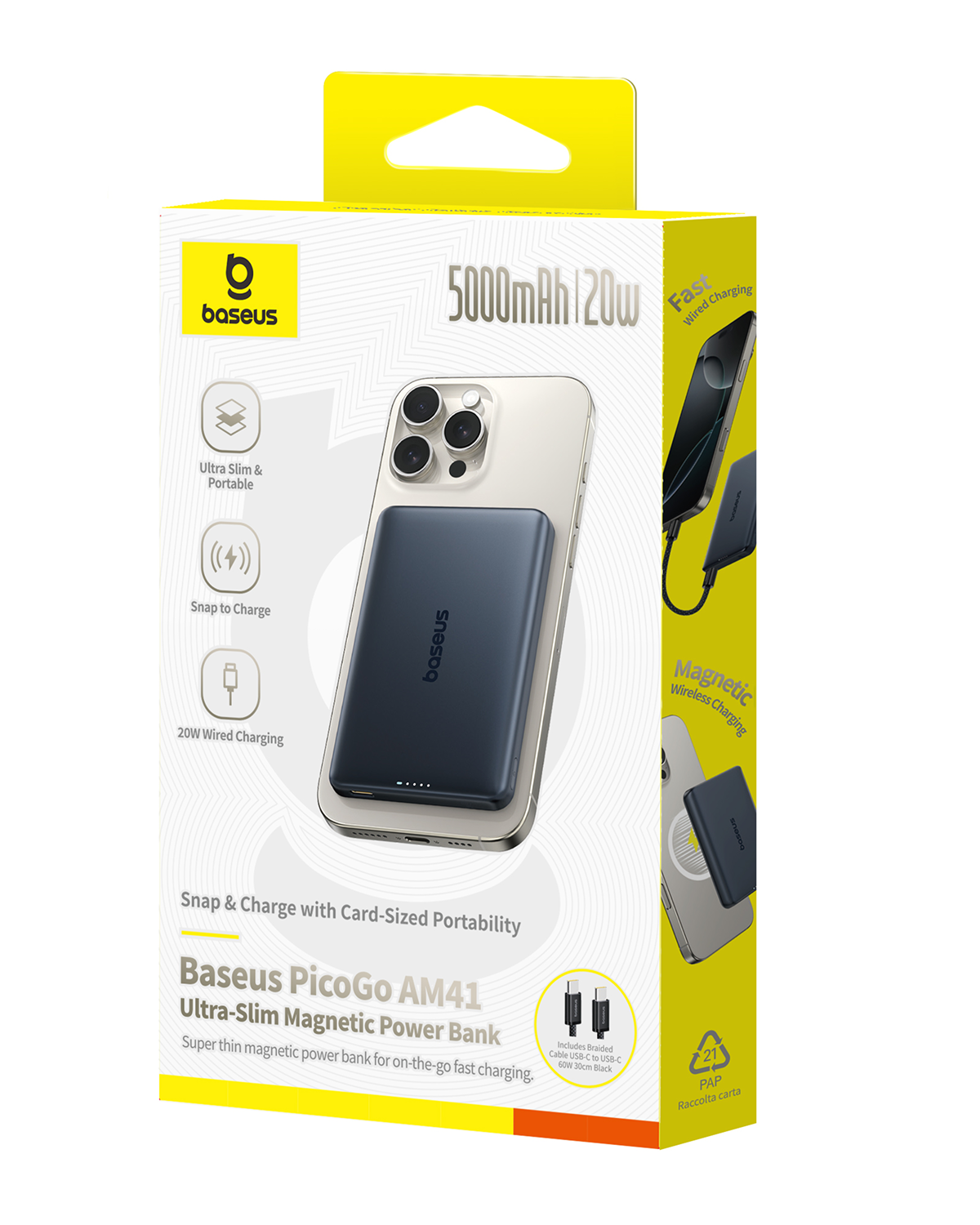 Embalaje de power bank Baseus: 5000mAh, ultrafina, magnética.