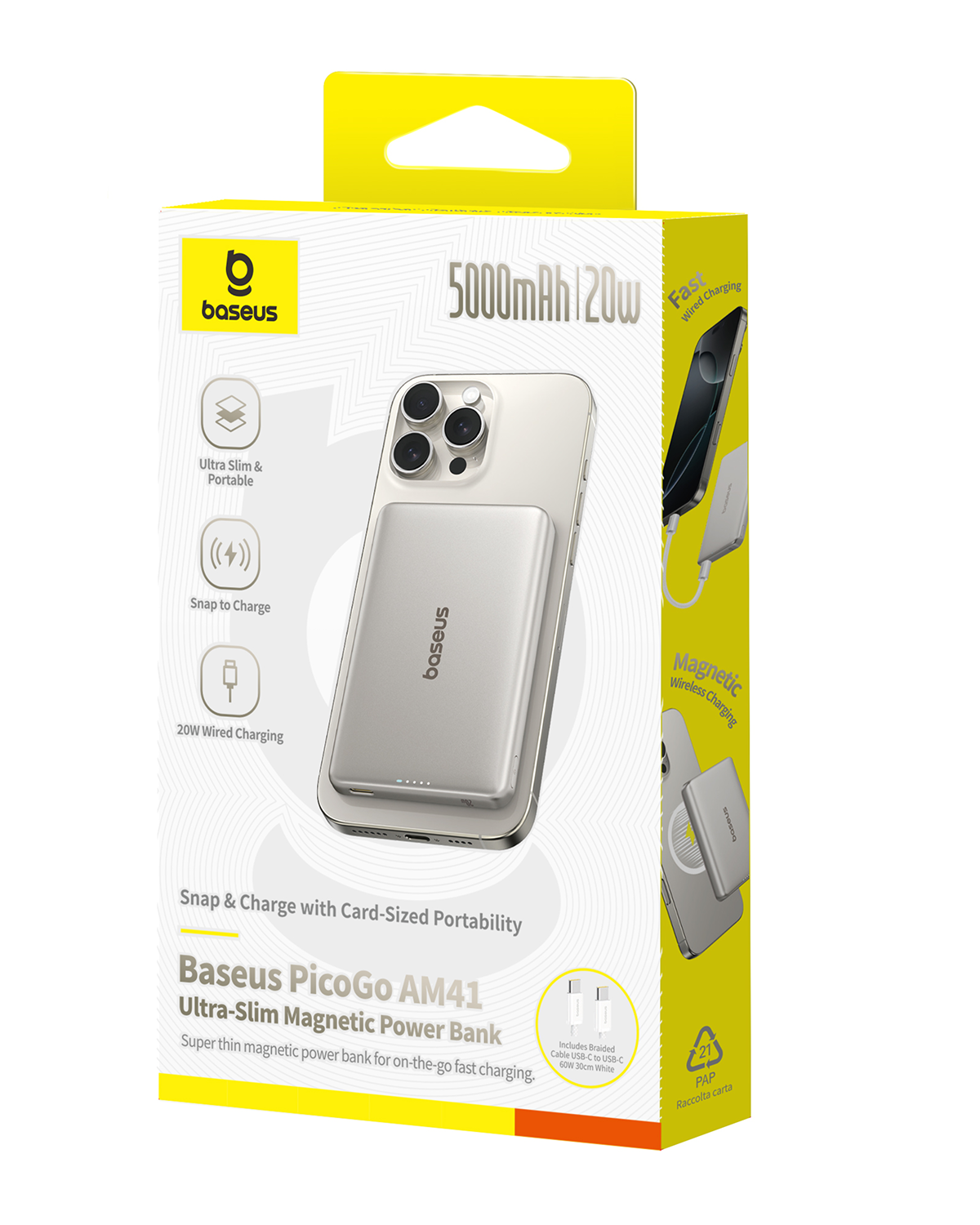 Batería Baseus PicoGo AM41 en caja de iPhone. Es de 5000mAh y 120W.