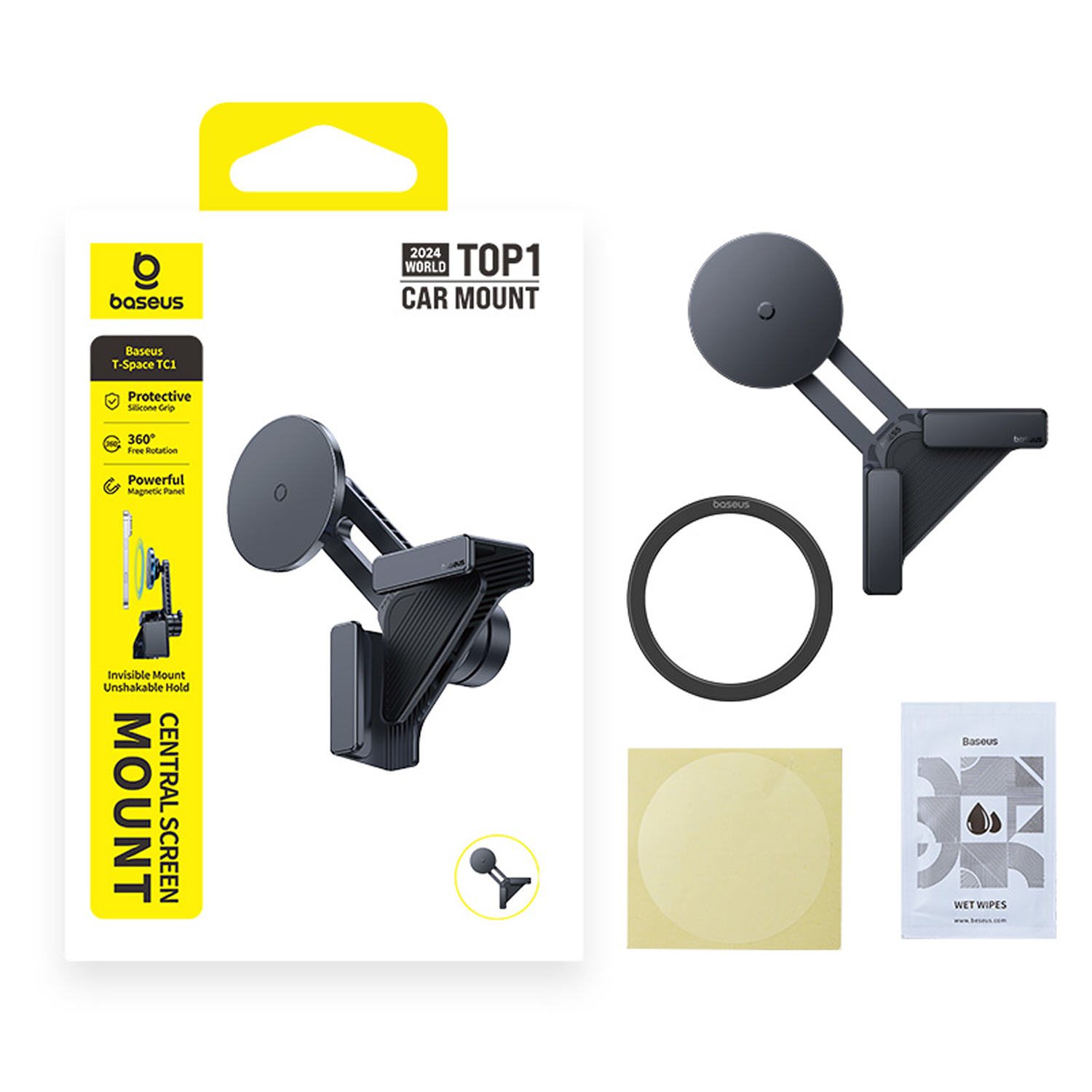 Soporte para coche Baseus, soporte de pantalla magnético negro con accesorios.