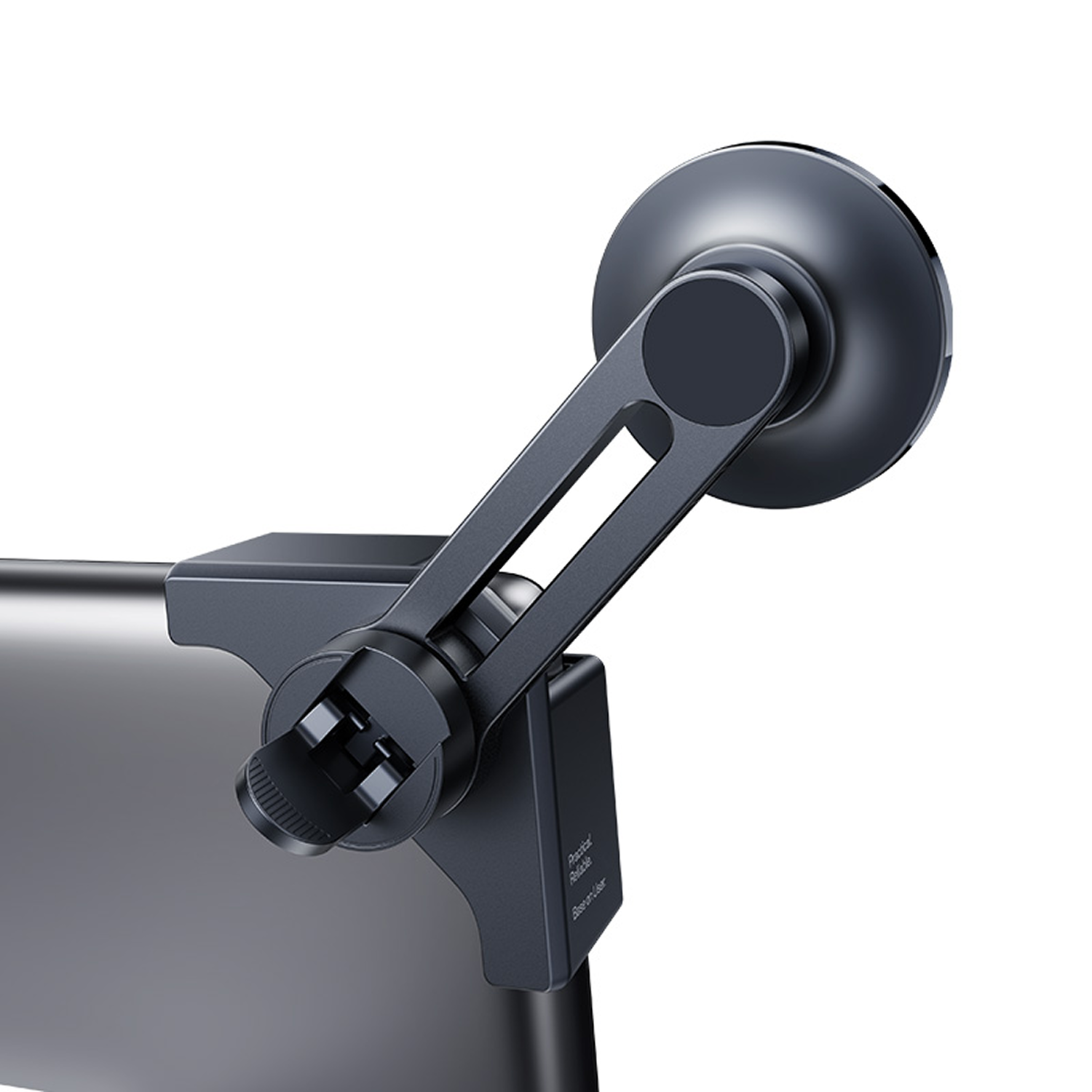 Soporte de teléfono negro con ventosa y brazo ajustable sobre fondo gris.