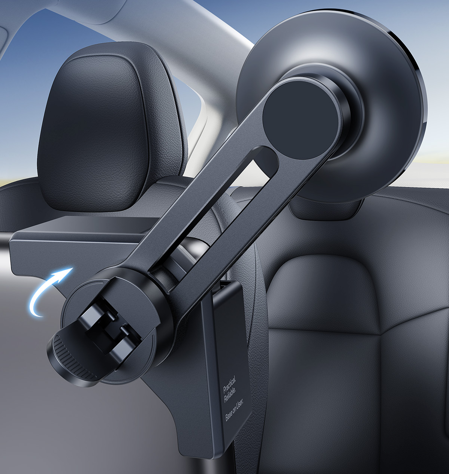 Un soporte negro para teléfono con ventosa está sujeto a un asiento de coche.