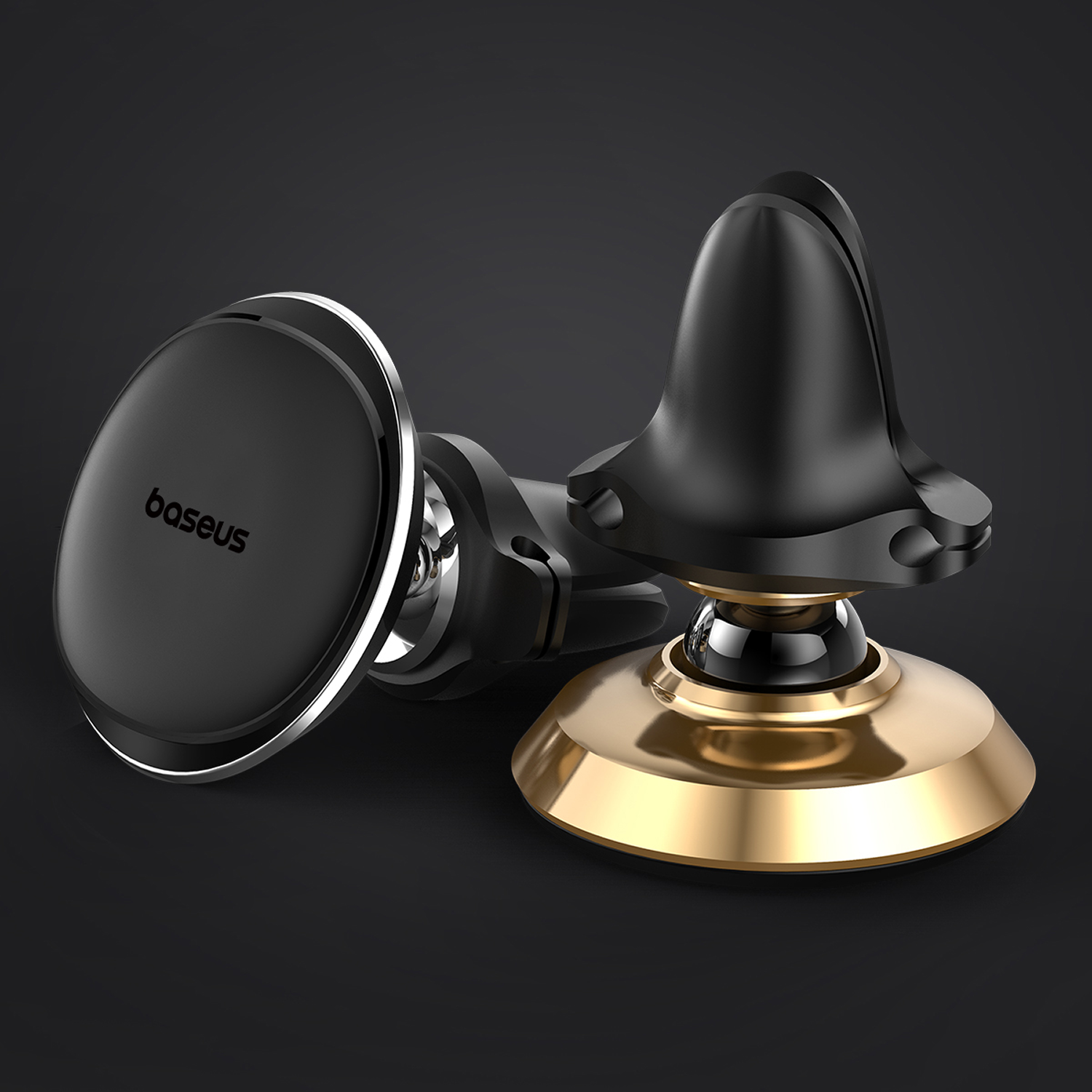 Soporte magnético negro y dorado para coche Baseus sobre fondo oscuro.