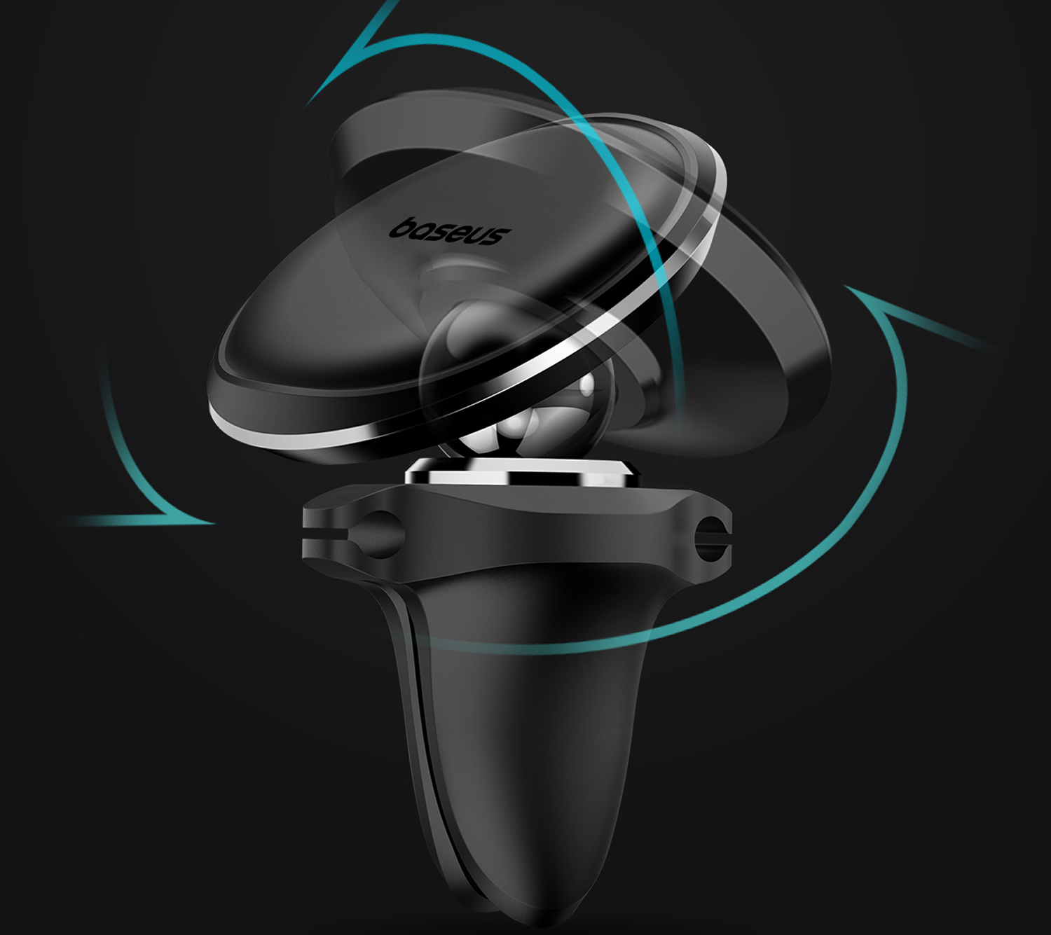 Soporte negro para móvil de coche con rotación, logo arriba.