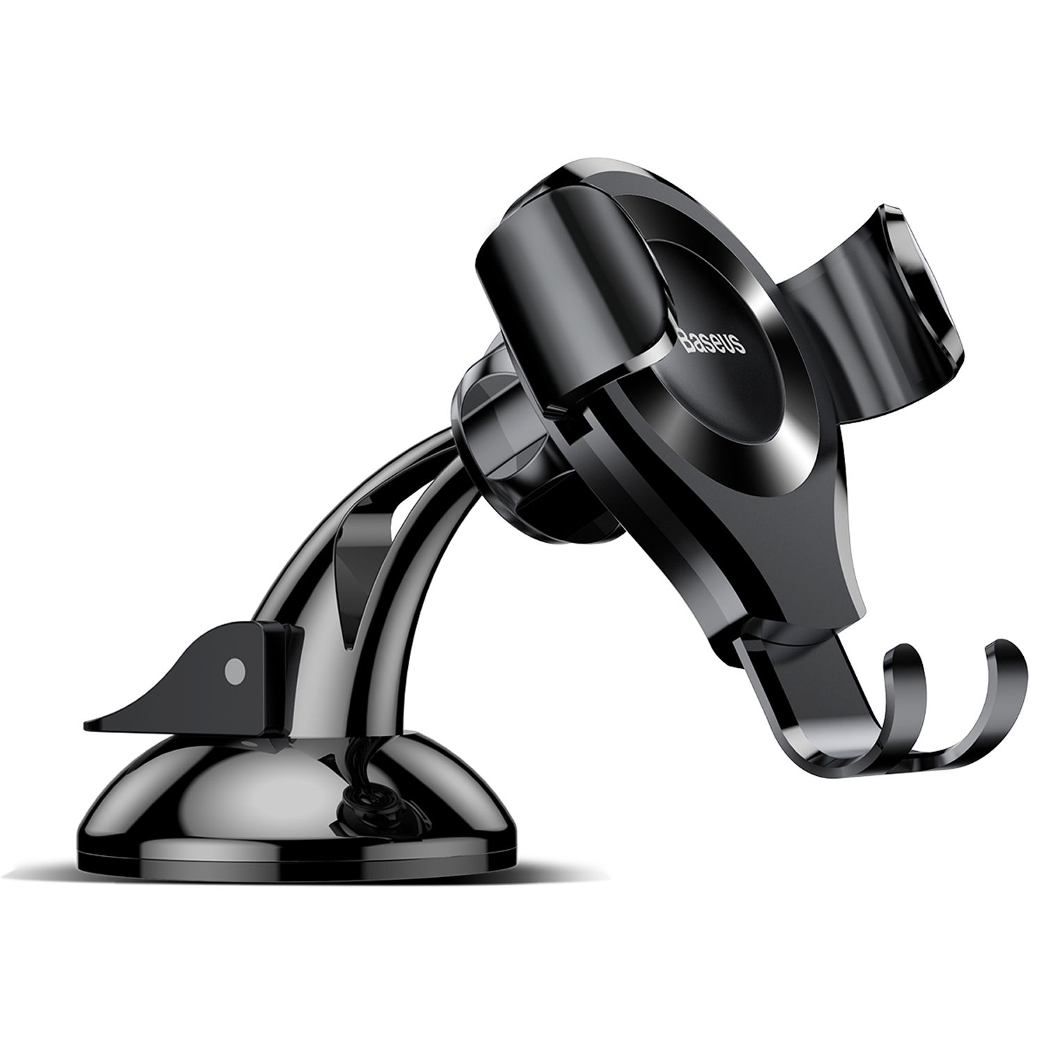 Un soporte negro para teléfono de coche con base de ventosa y brazo ajustable.