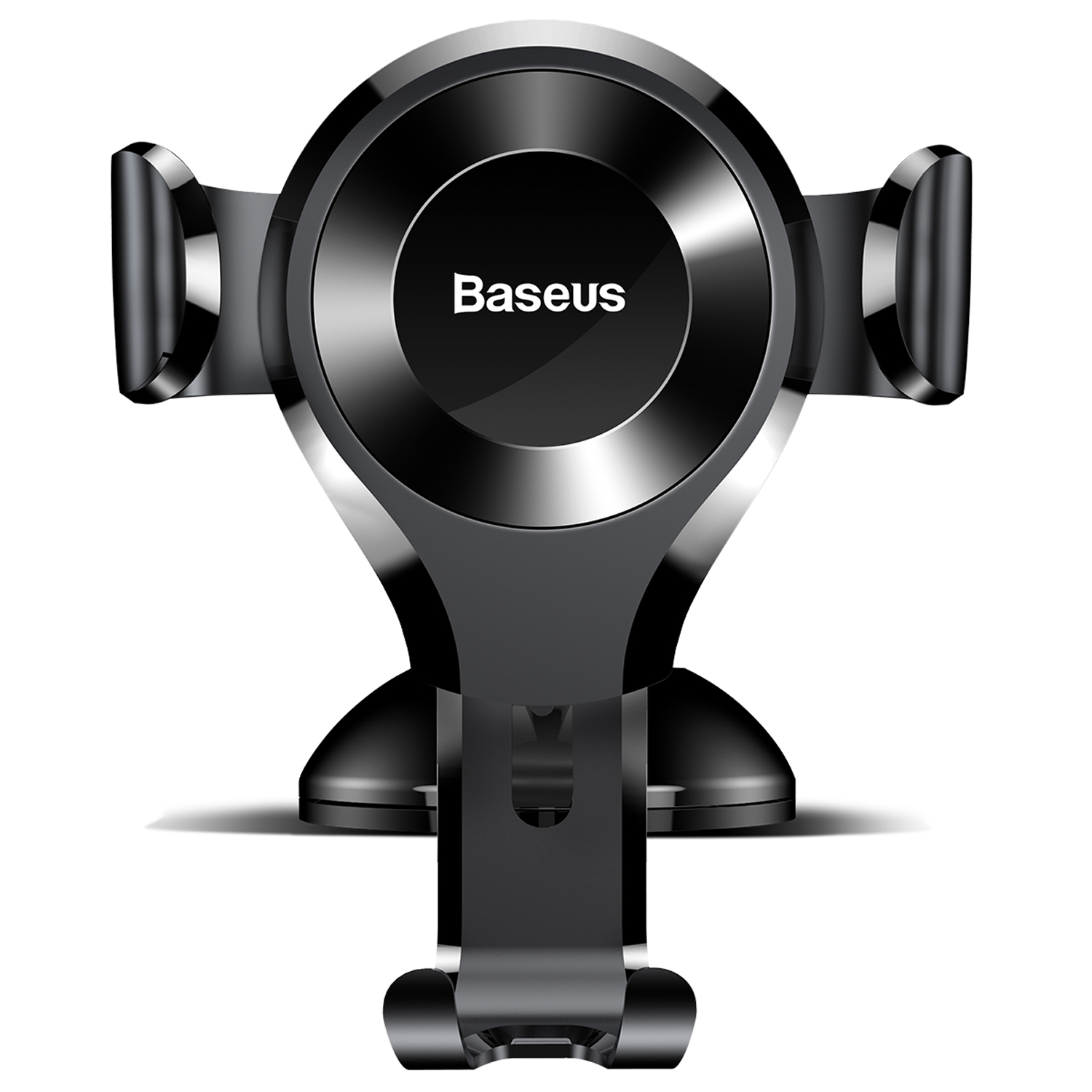 Un soporte para teléfono oscuro con el logo "Baseus" sobre fondo blanco.