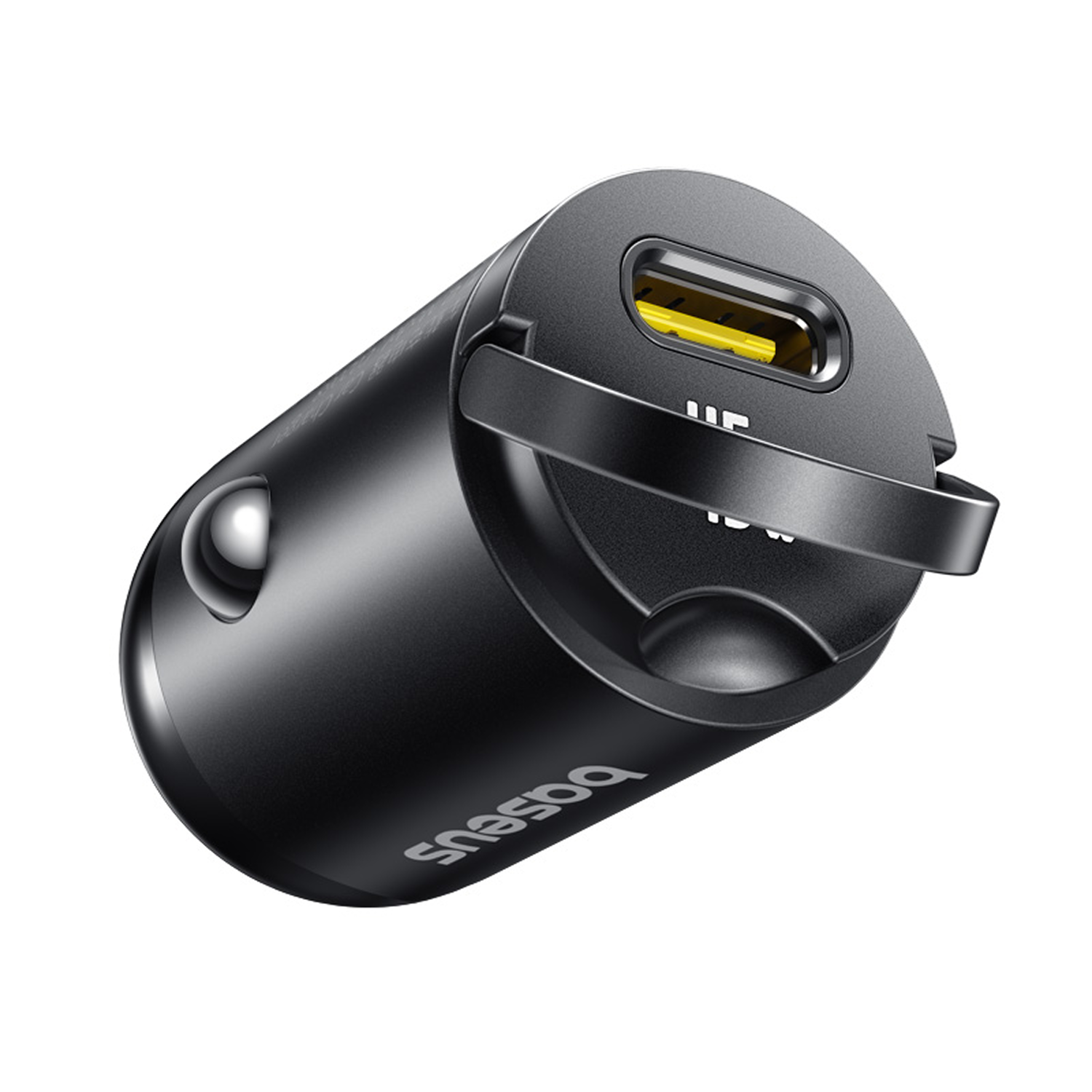 Cargador de coche negro con puerto USB-C, interior amarillo y logo 'Baseus'.