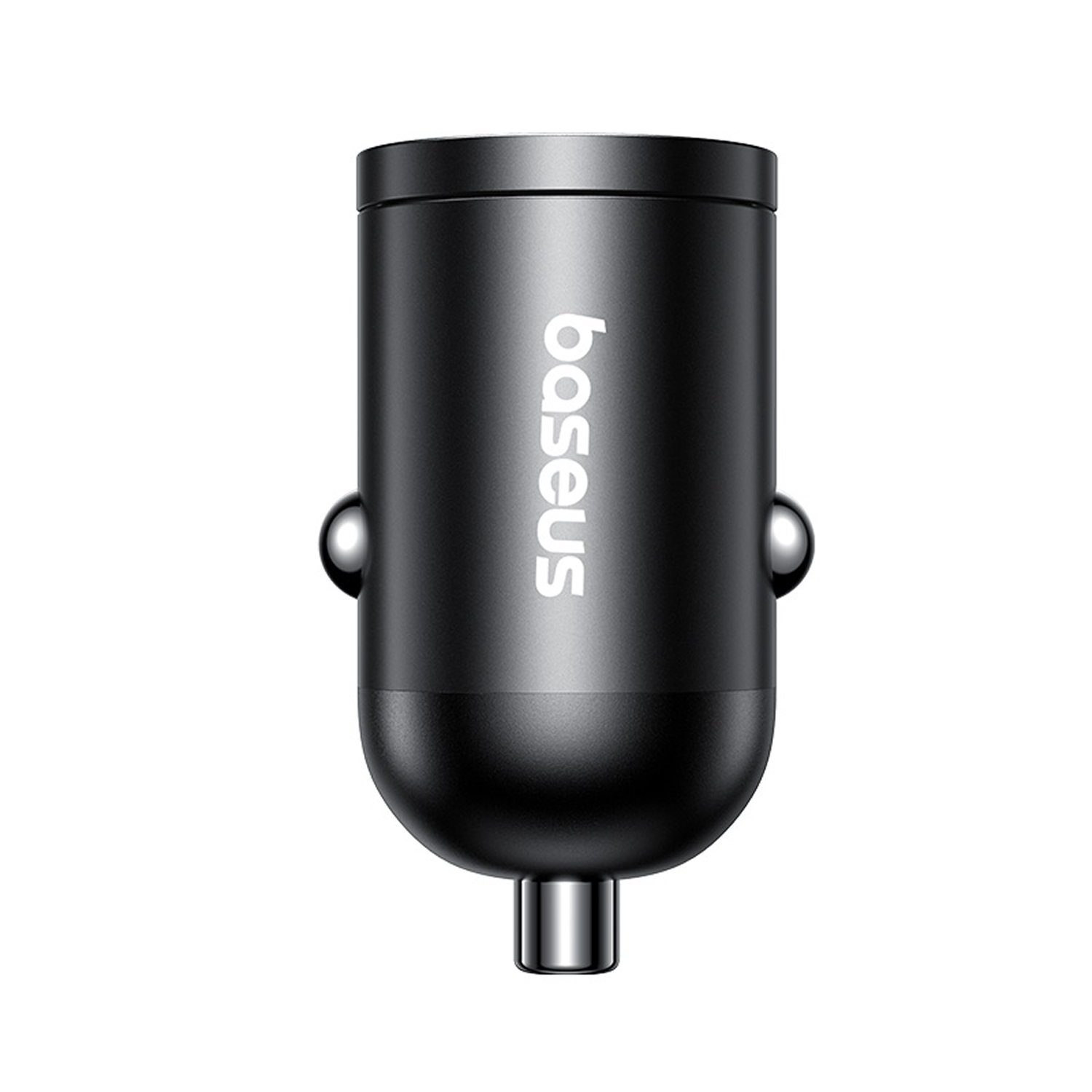 Un adaptador USB para coche Baseus negro con detalles plateados sobre fondo blanco.