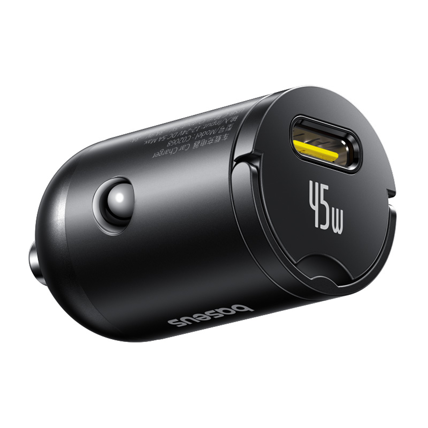 Cargador de coche USB-C negro de 45W con inserción amarilla y etiqueta.