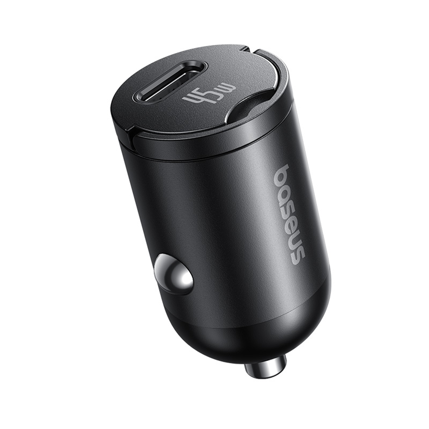 Adaptador cargador coche USB-C negro con marca "45W" y "Baseus".
