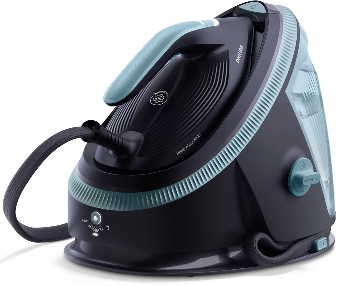 Un fer à vapeur Philips PerfectCare 7000 noir avec des accents turquoise et un tuyau.