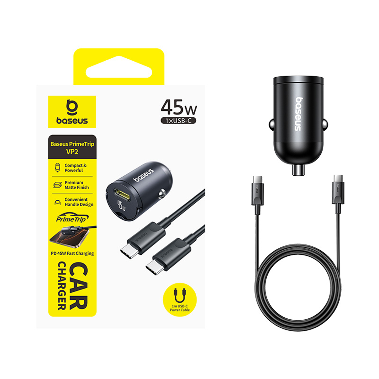 Cargador coche Baseus 45W USB-C con cable. Negro.