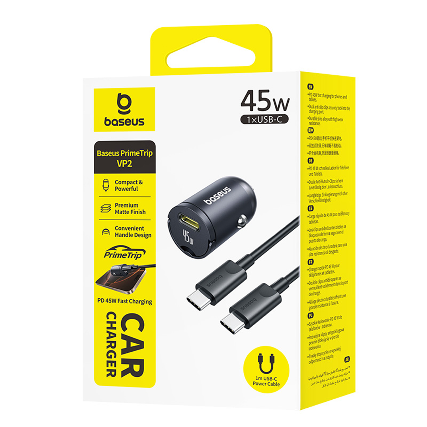 Cargador de coche Baseus 45W PD con cable USB-C, negro y amarillo.