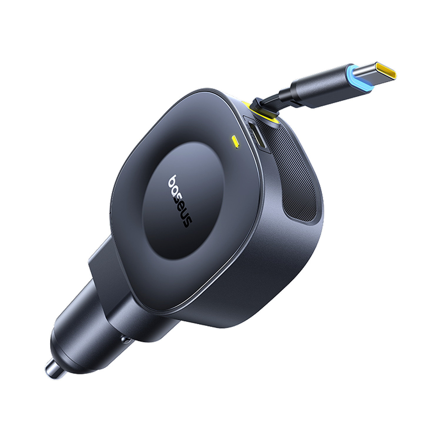 Un cargador de coche negro con cable USB-C y luz azul.