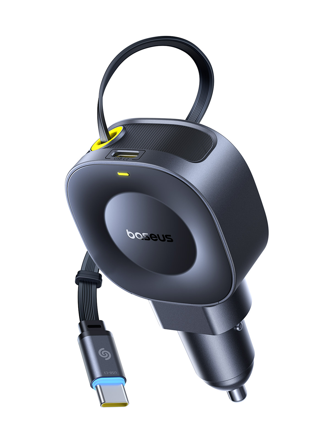 Un cargador de coche gris oscuro con cable USB-C adjunto. Tiene un acento amarillo.