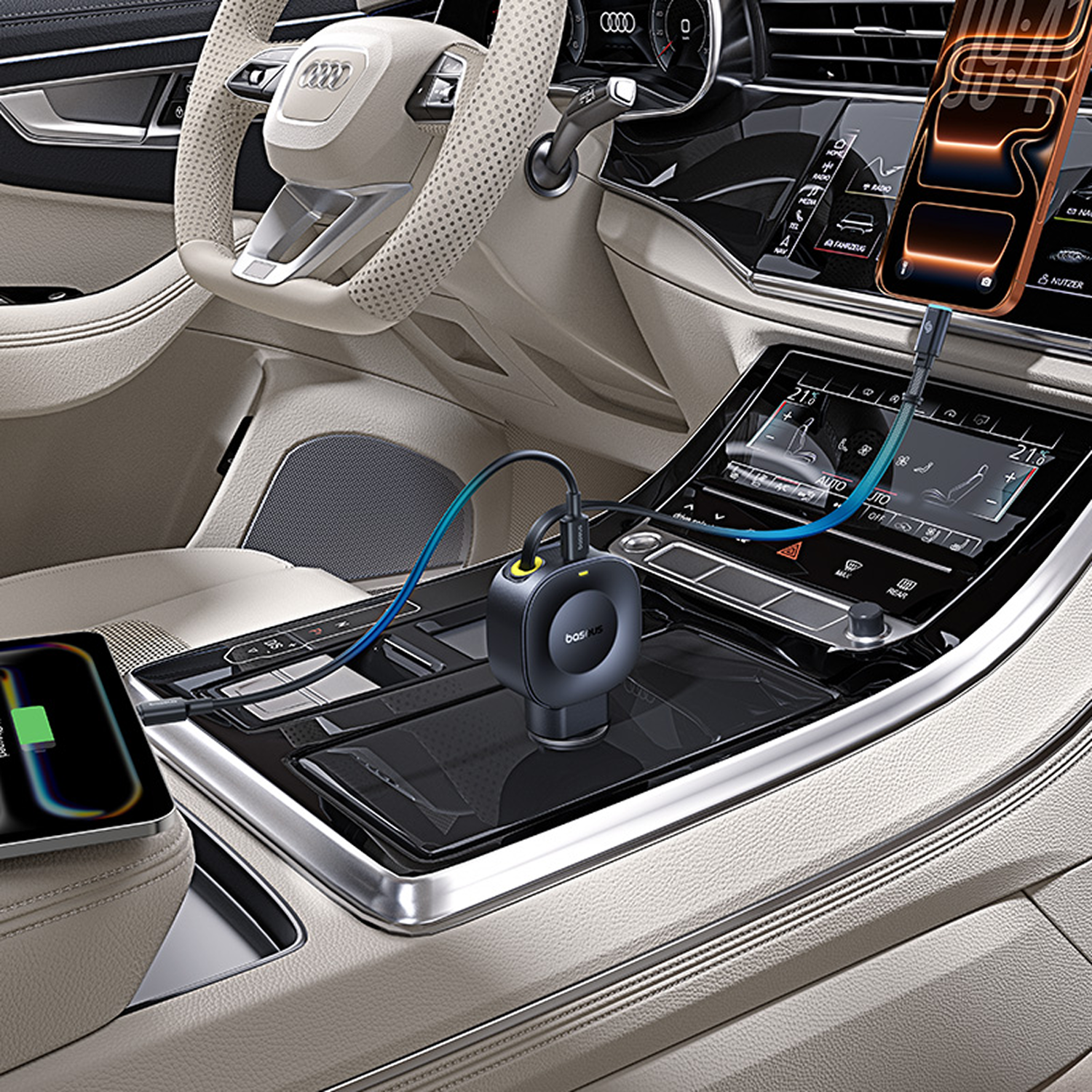 Interior de coche con un adaptador de carga alimentando dos smartphones.