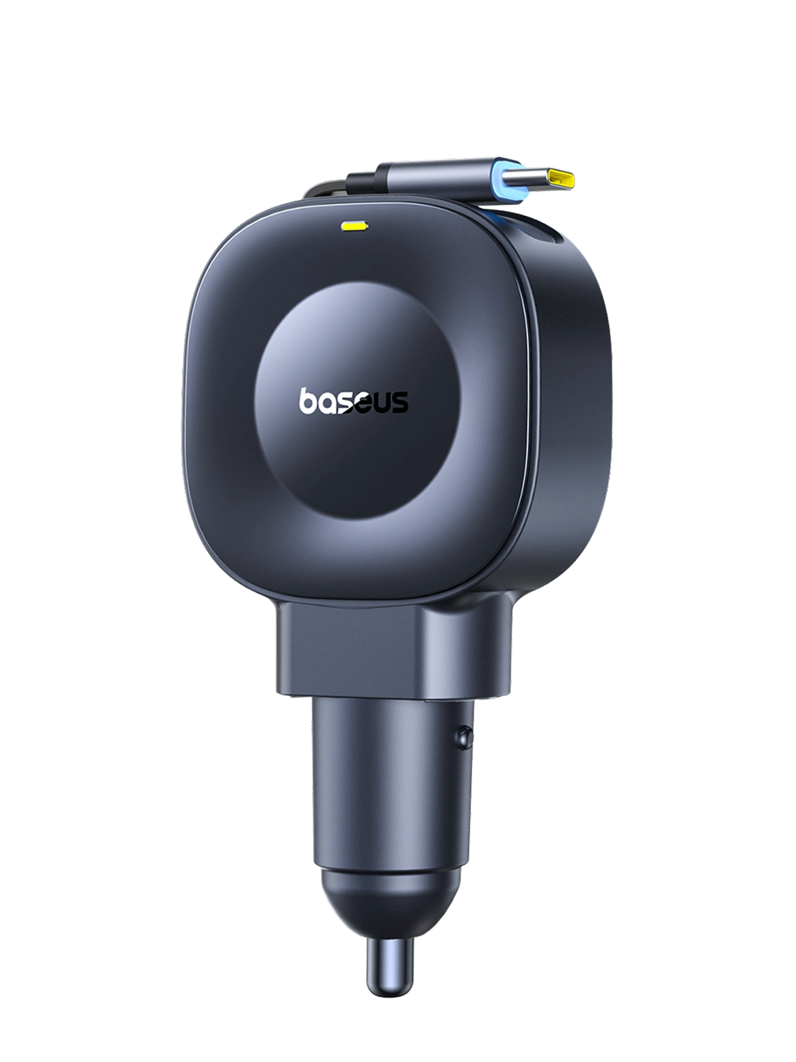 Cargador de coche Baseus gris oscuro con LED amarillo y enchufe USB-C.