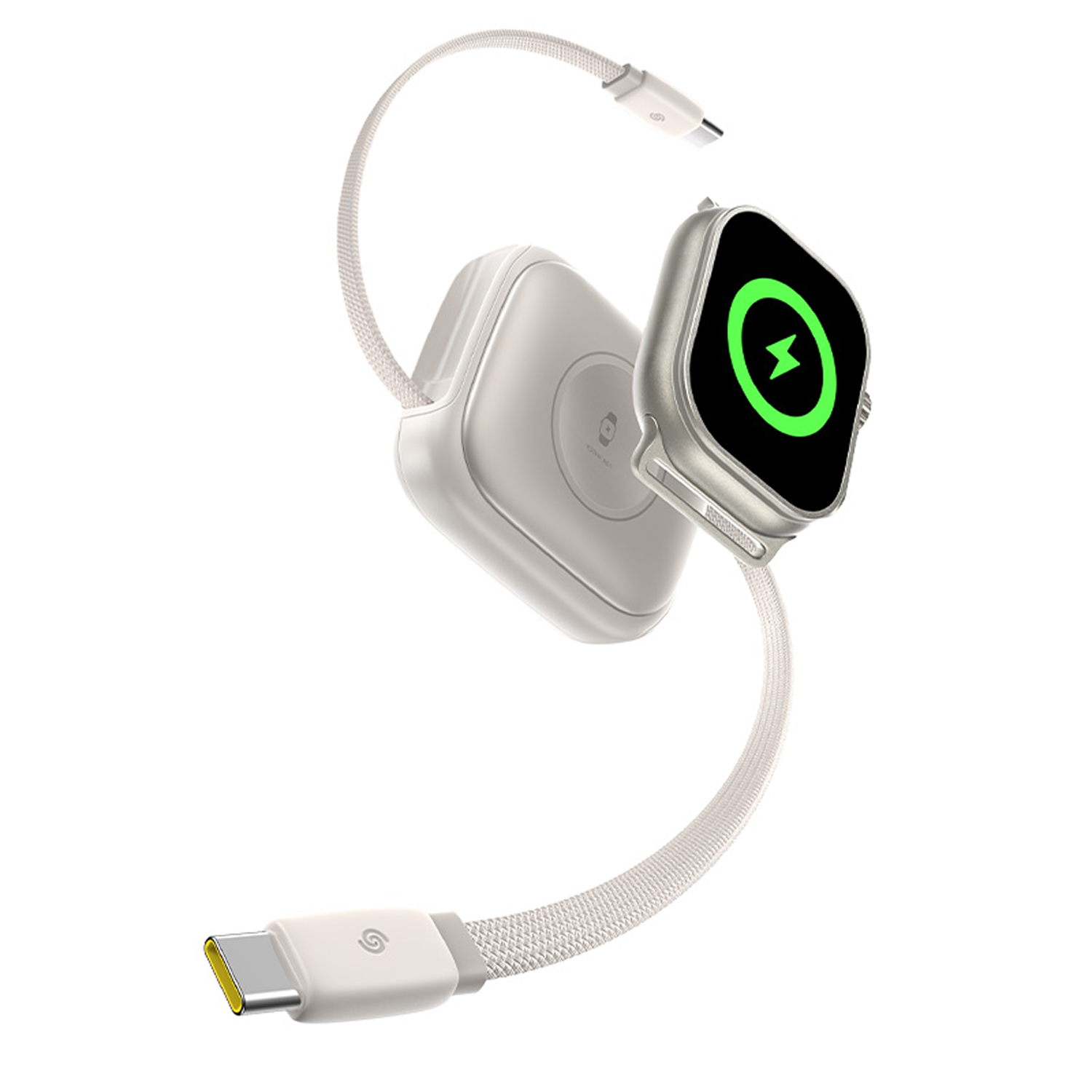 Un cable de carga blanco con conector USB-C y un reloj inteligente con icono de carga verde.