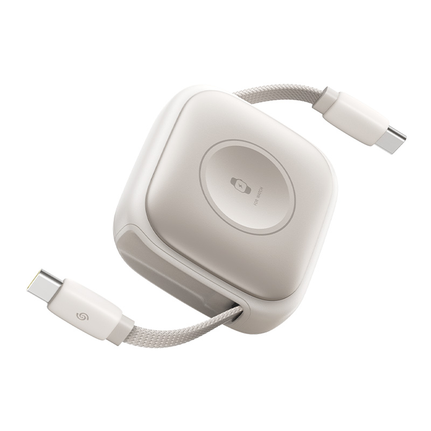 Un adaptador de carga blanco y compacto con dos cables trenzados y conectores USB-C.