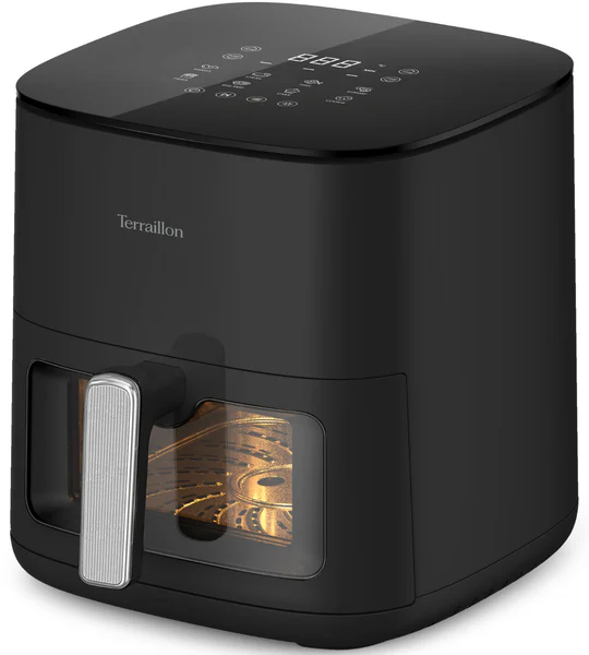Schwarzer Terralux-Heißluftfritteuse mit digitalem Display und Sichtfenster.