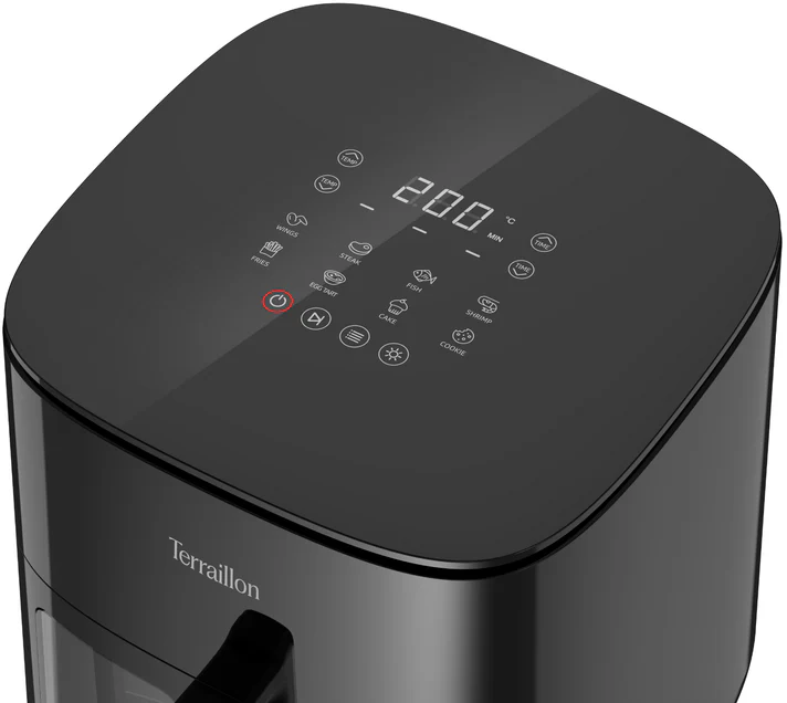 Schwarze Heißluftfritteuse mit Touchscreen-Bedienfeld, das 200 Grad anzeigt.