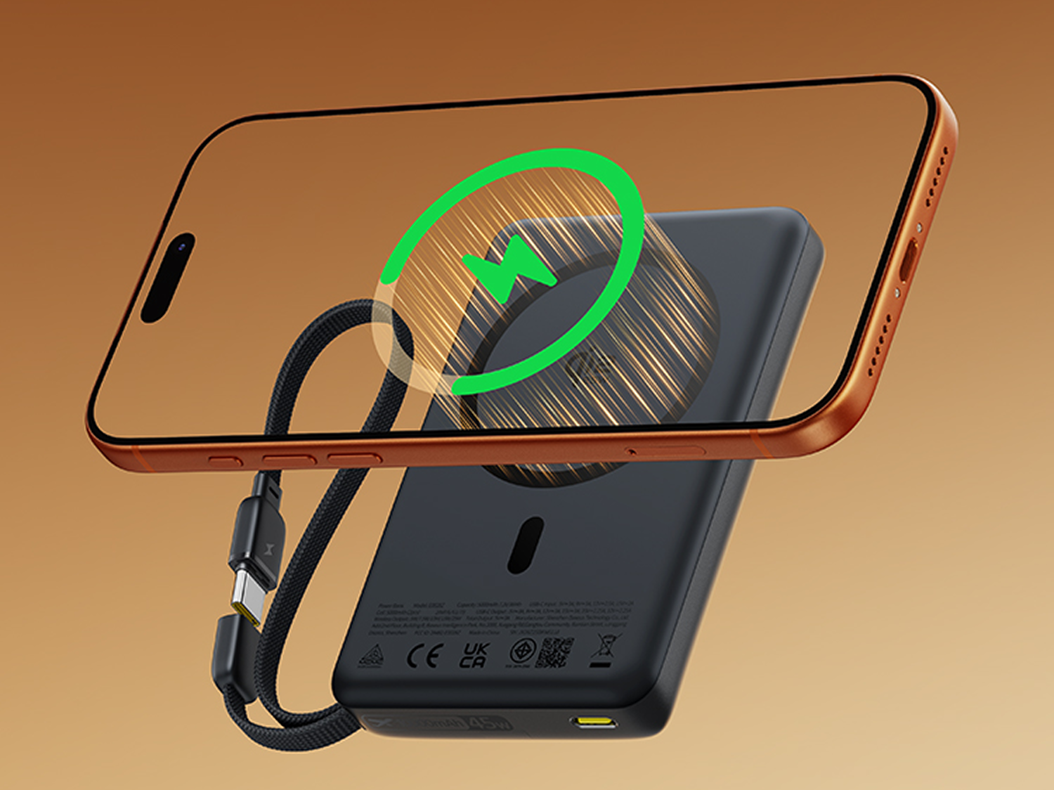 Un smartphone cargando inalámbricamente en un power bank, con icono verde.