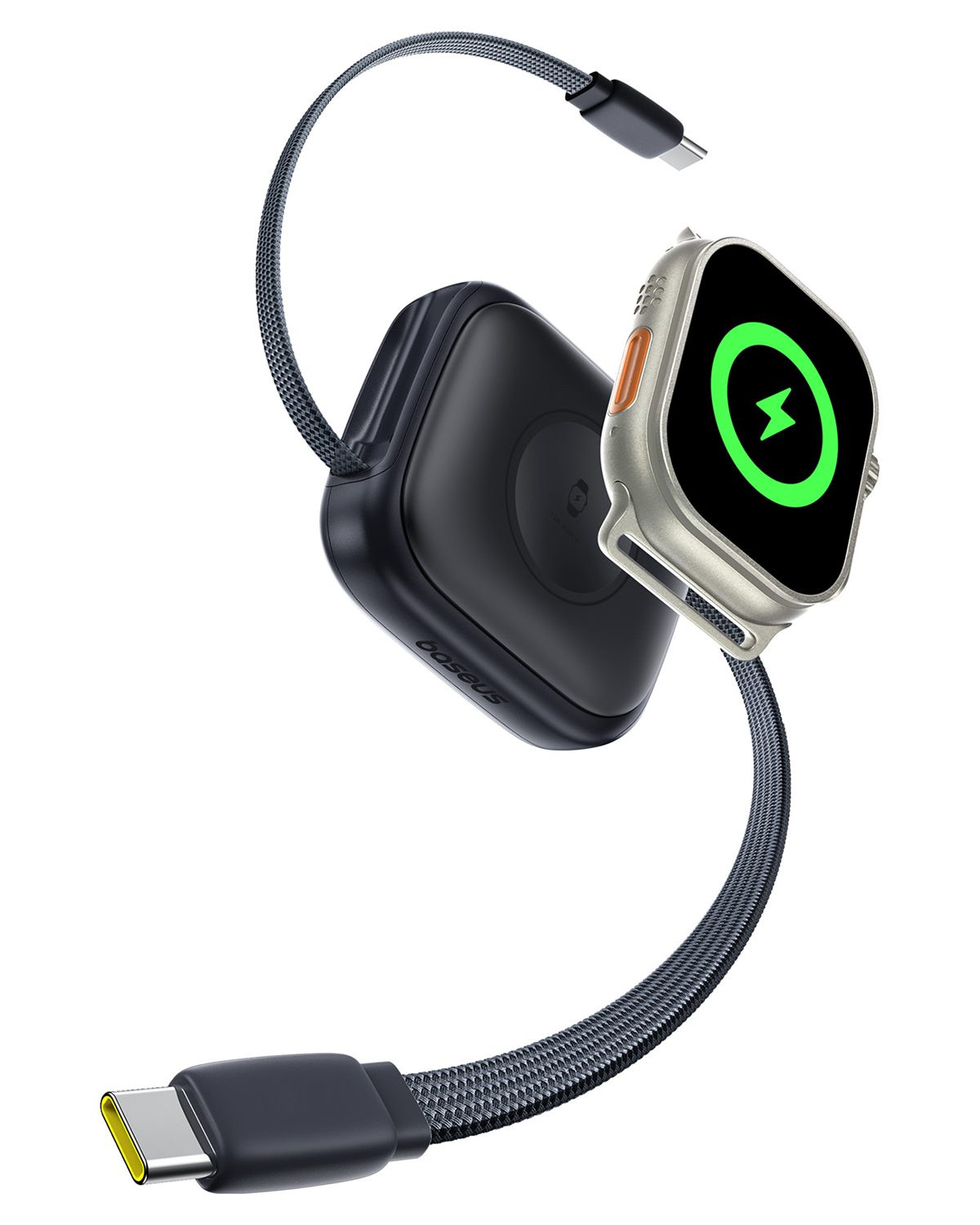 Un cargador gris de smartwatch con USB-C y un smartwatch mostrando un icono de carga.