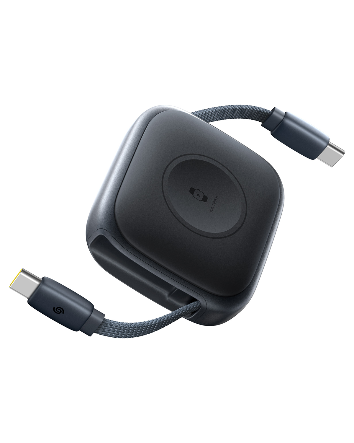 Un estuche de carga inalámbrica oscuro y rectangular con dos cables USB-C.