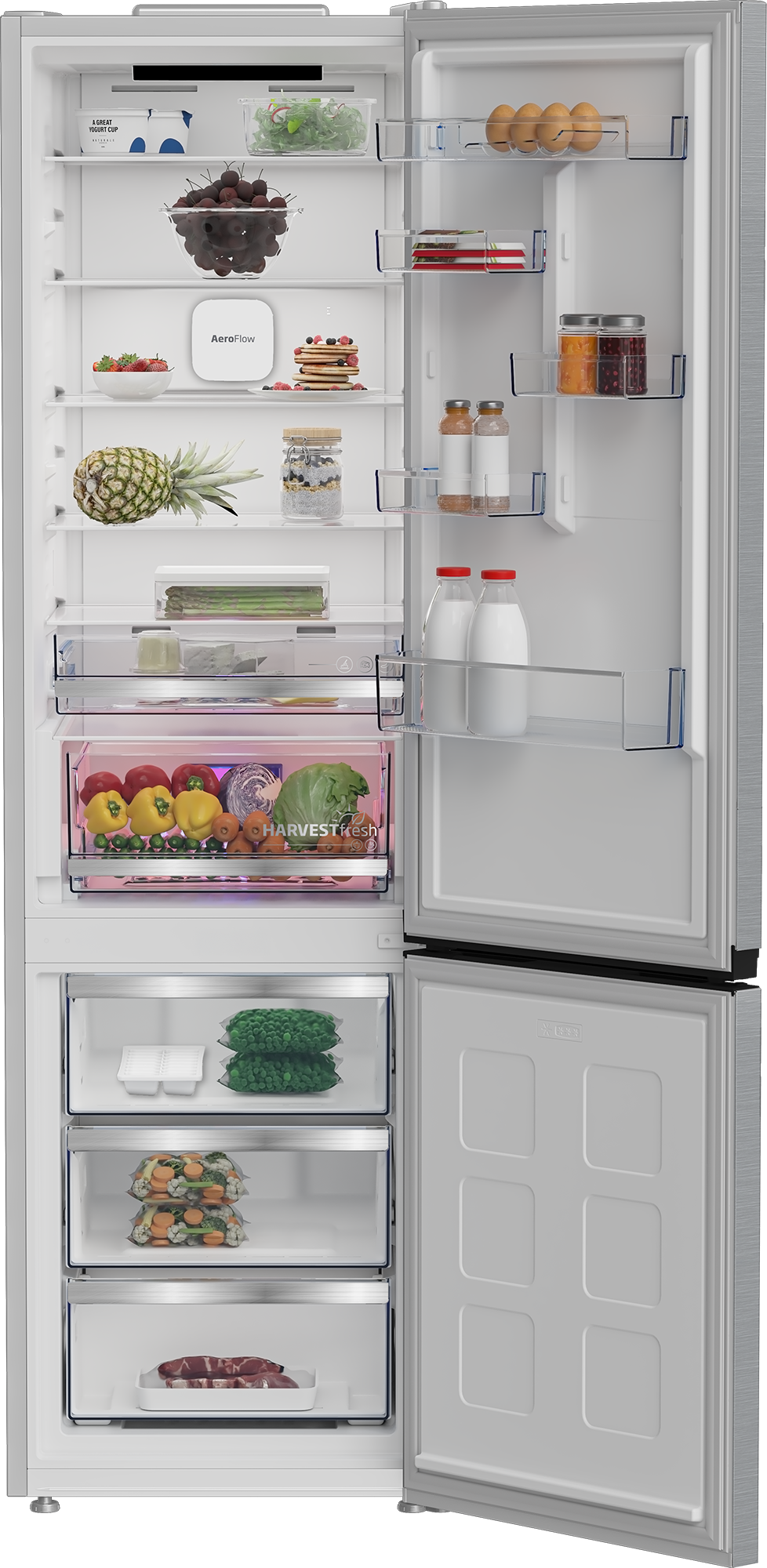 Refrigerador abierto lleno de comida: frutas, verduras, huevos, leche, carne.