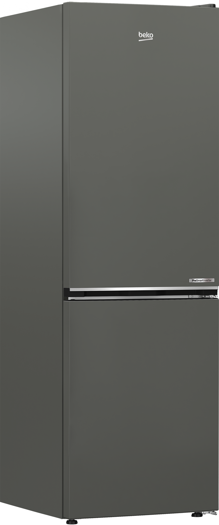 Un refrigerador Beko gris oscuro con asa plateada y pantalla digital.