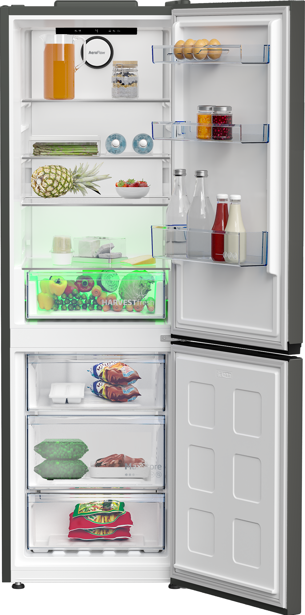 Refrigerador abierto con comida: jugo, huevos, frutas, verduras, congelados.