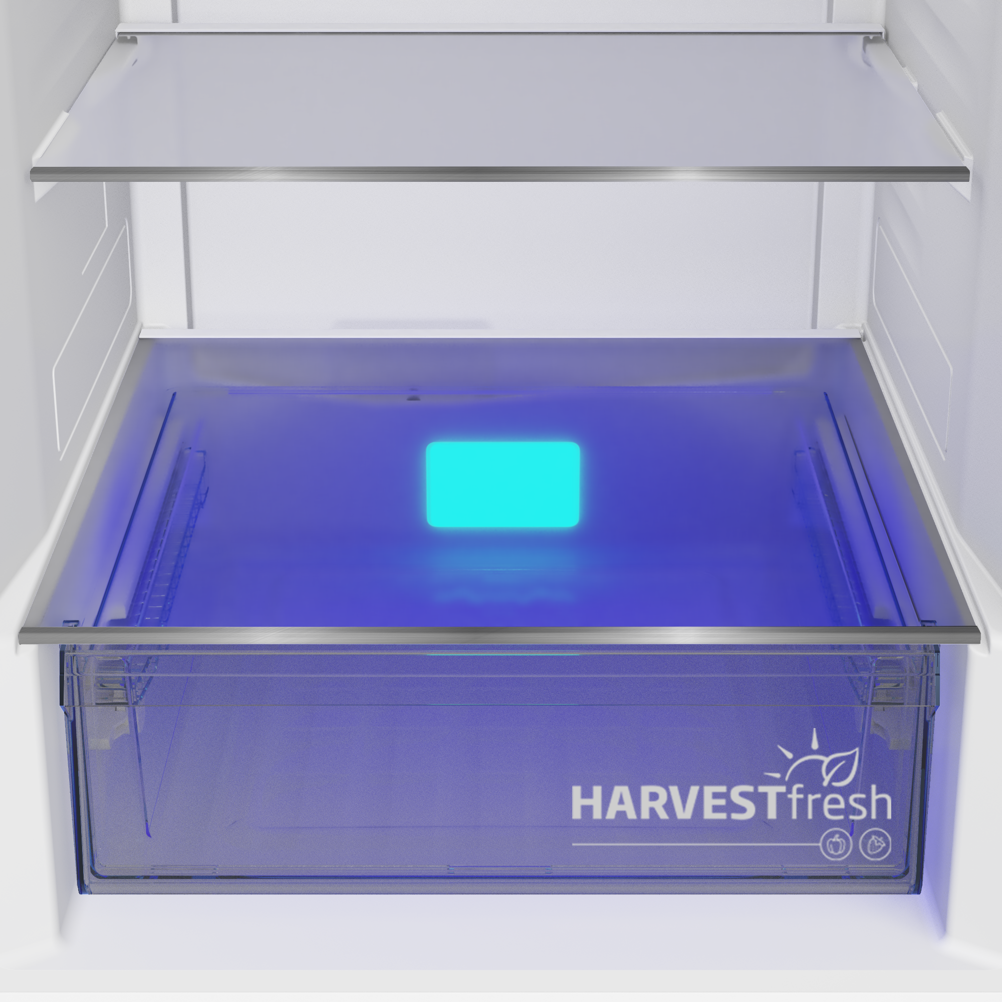 Un cajón con luz azul y el logo HARVESTfresh.