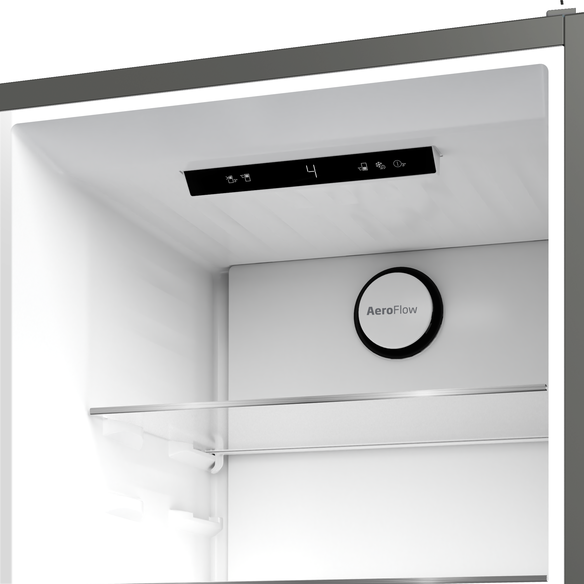 Interior de un refrigerador con pantalla digital y ventilador AeroFlow.