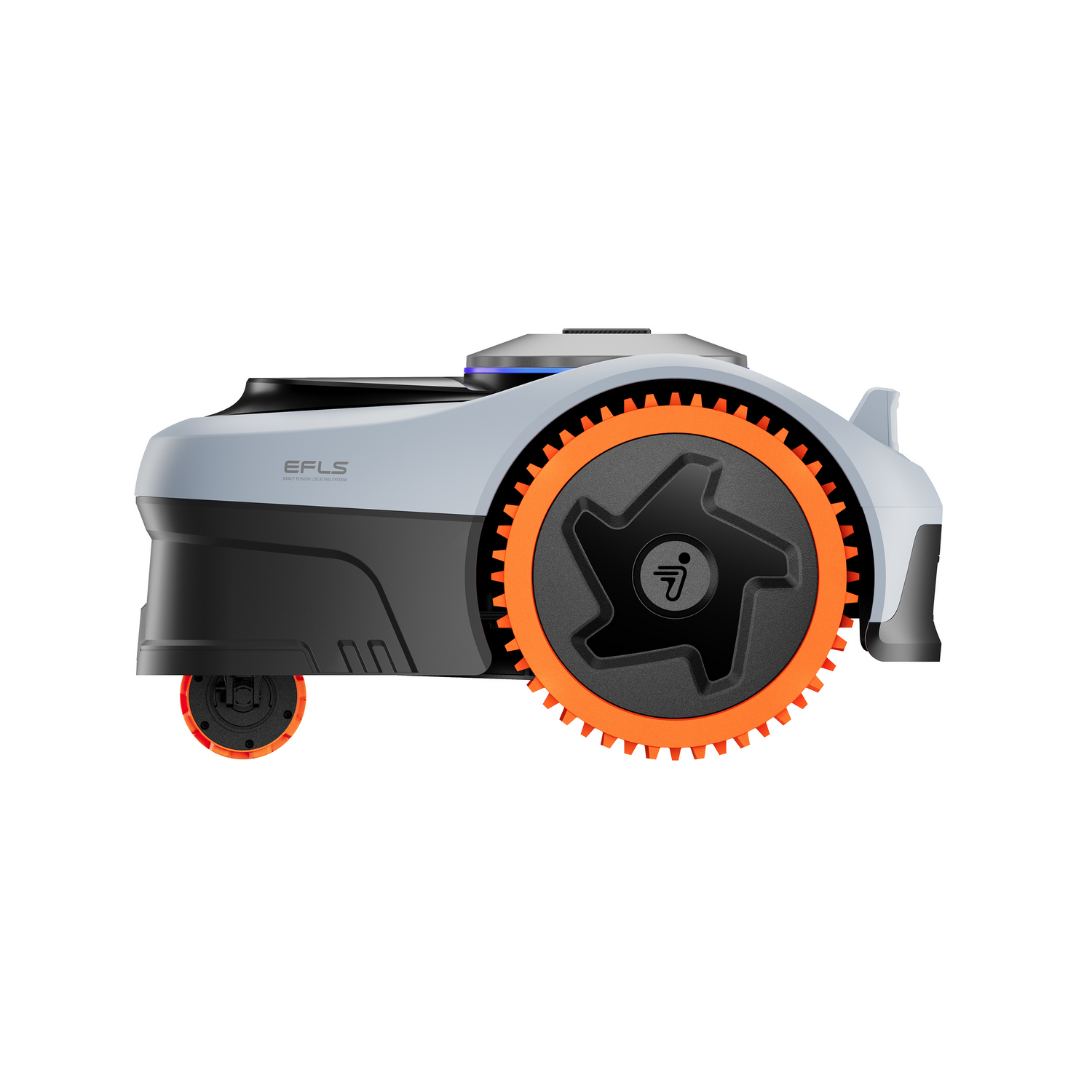 Un robot cortacésped gris con ruedas naranjas y un acento negro.