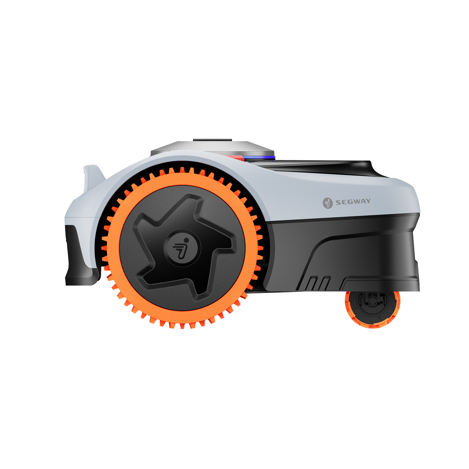 Un robot cortacésped blanco y gris con una gran rueda naranja con detalles negros.