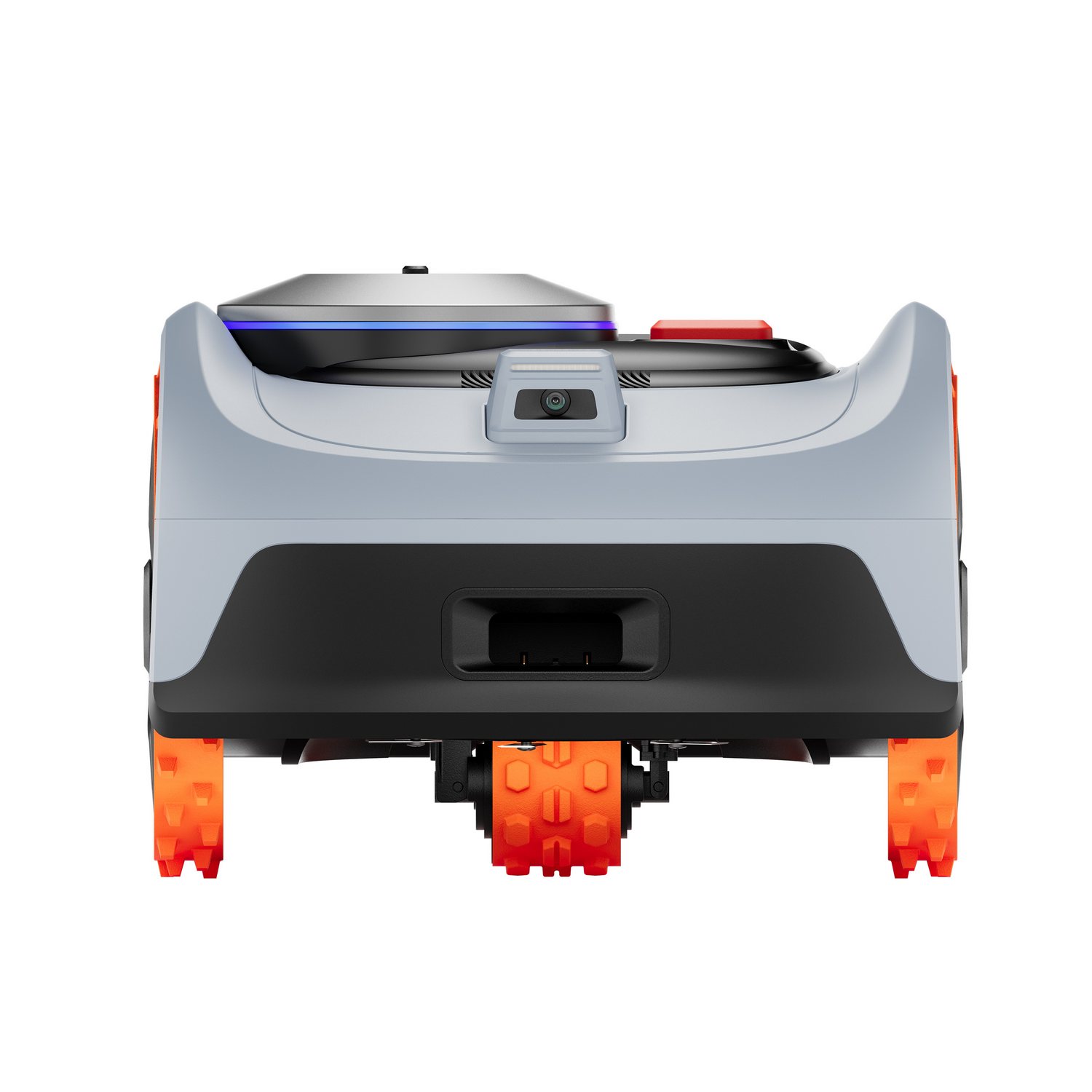 Un robot cortacésped gris con ruedas naranjas y una cámara, visto de frente.