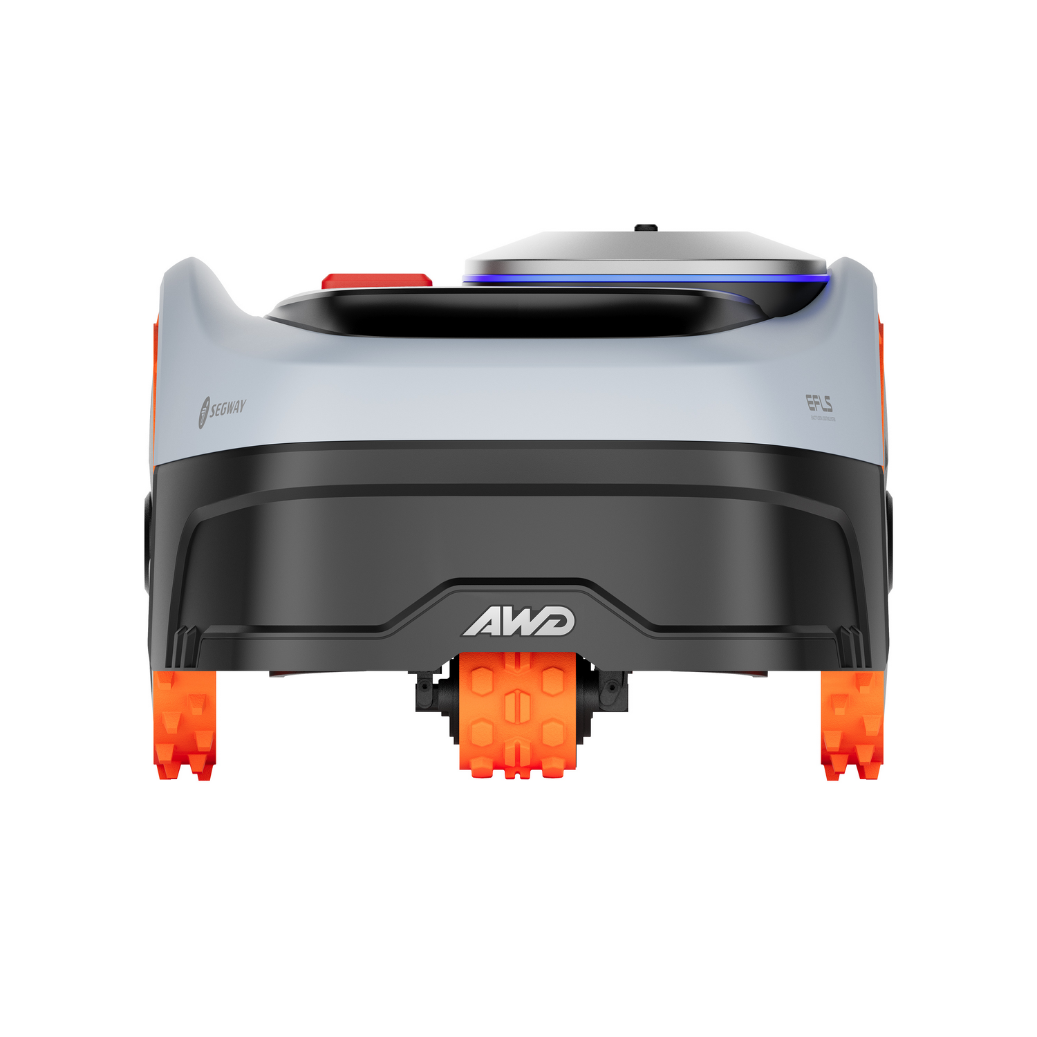 Se muestra un robot cortacésped gris y negro con ruedas naranjas.