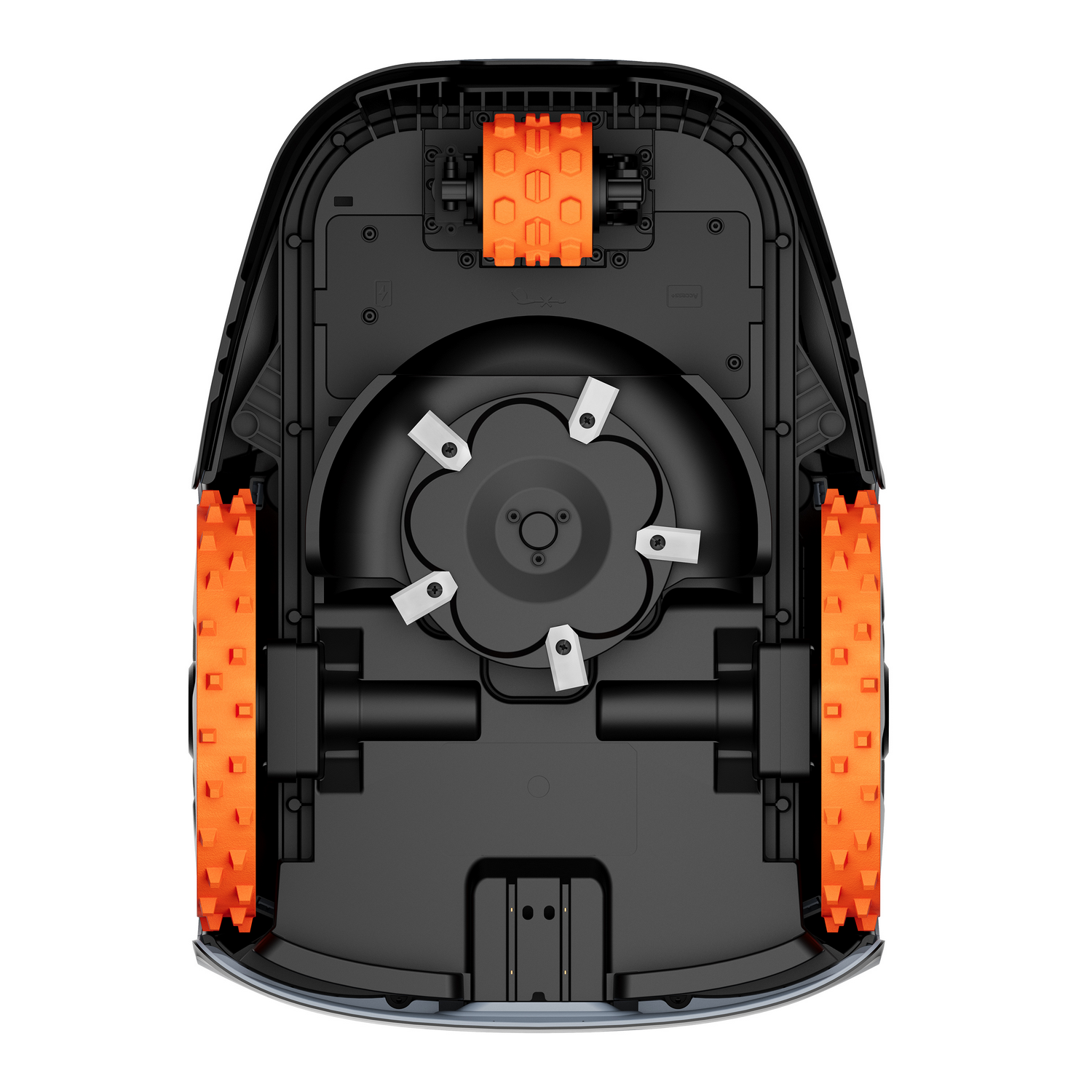 Parte inferior de un robot cortacésped con ruedas negras y orugas naranjas.