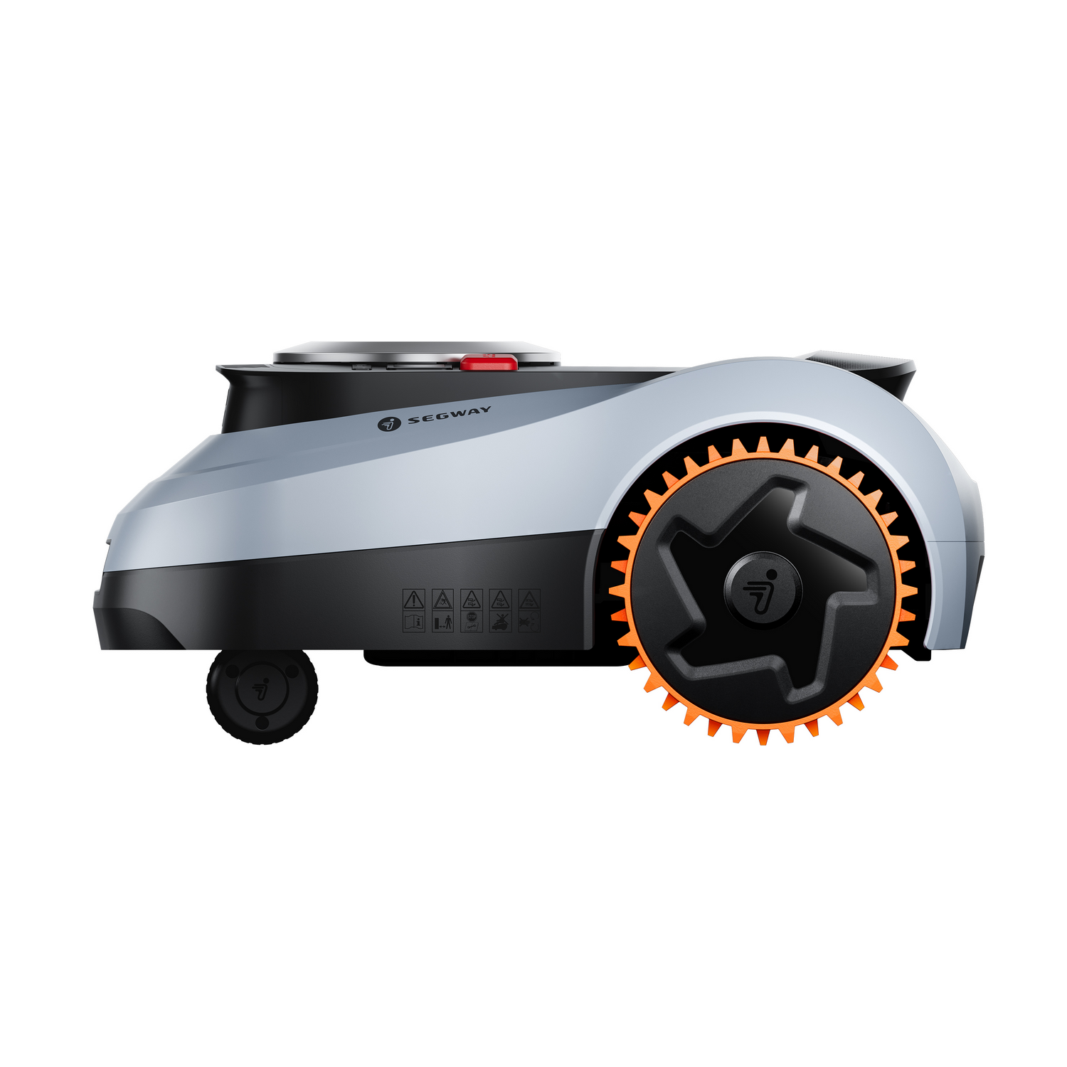 Un robot cortacésped plateado y negro con una gran rueda naranja.