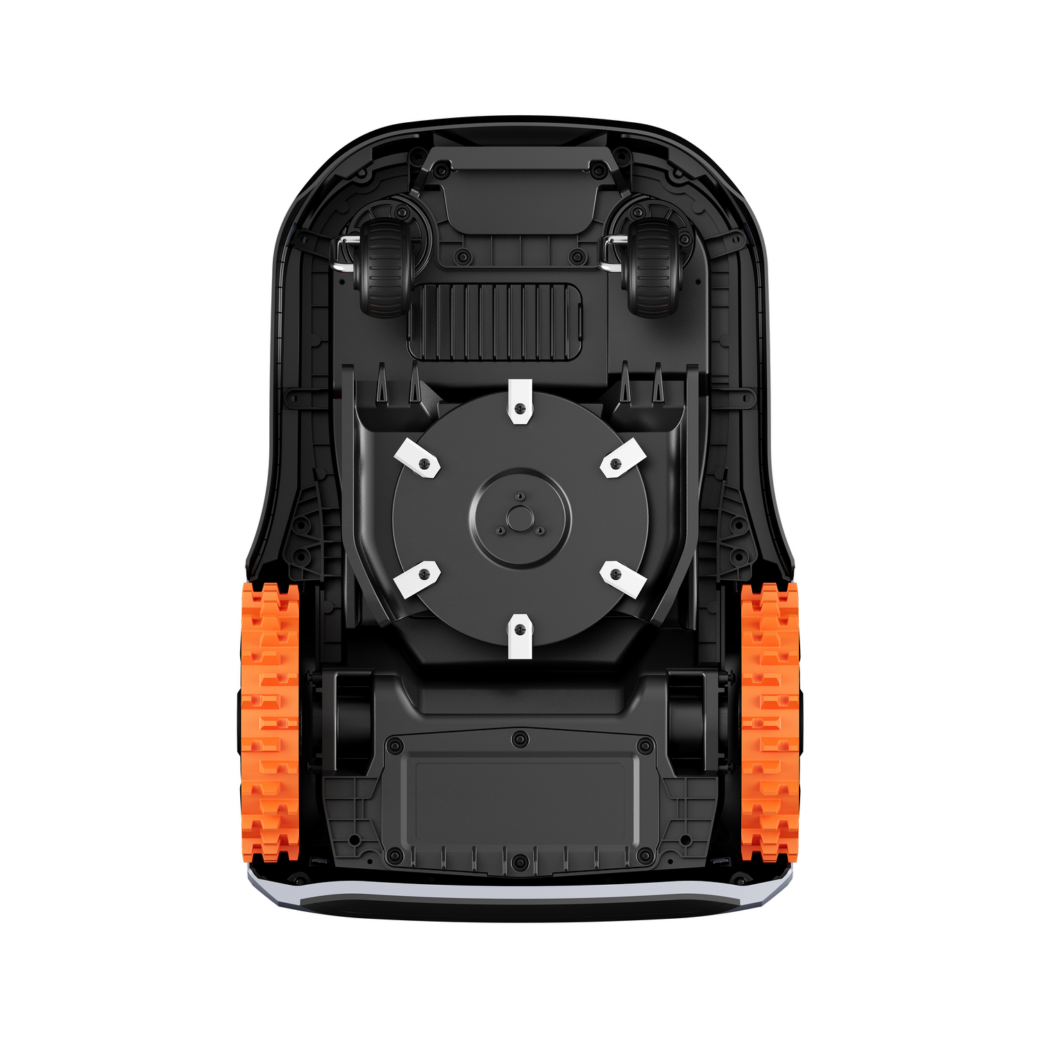 Parte inferior de un robot cortacésped con ruedas y cuchillas.