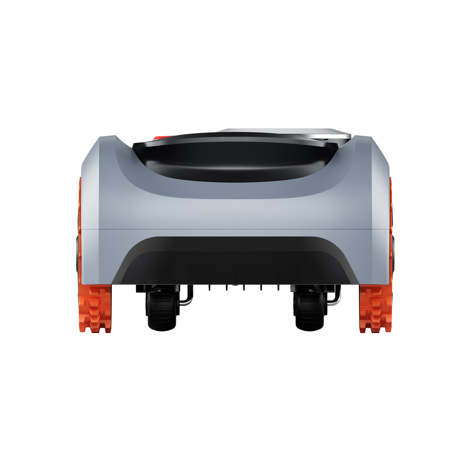 Cortacésped robot desde el frente, con ruedas naranjas y parte superior gris.