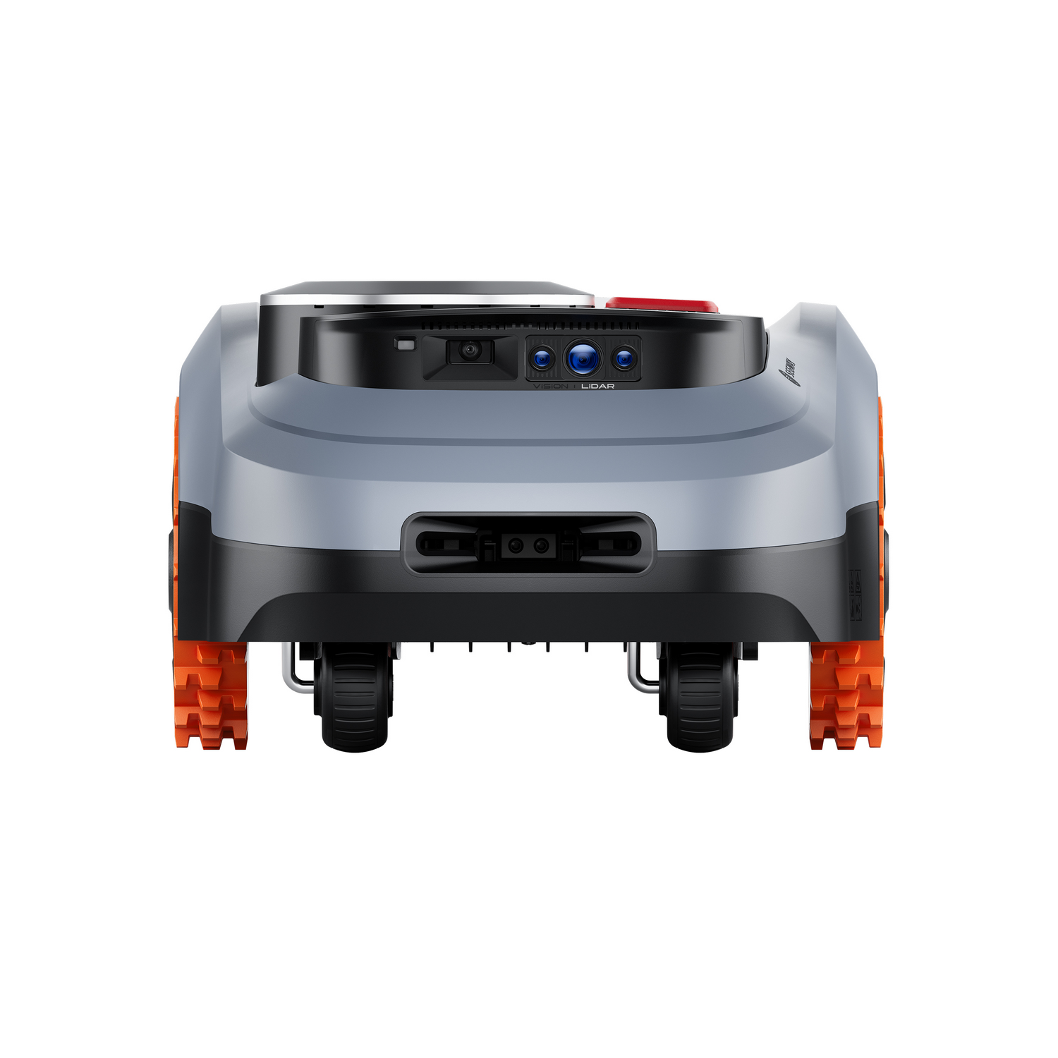 Un robot cortacésped gris con ruedas naranjas y cámaras sobre fondo blanco.