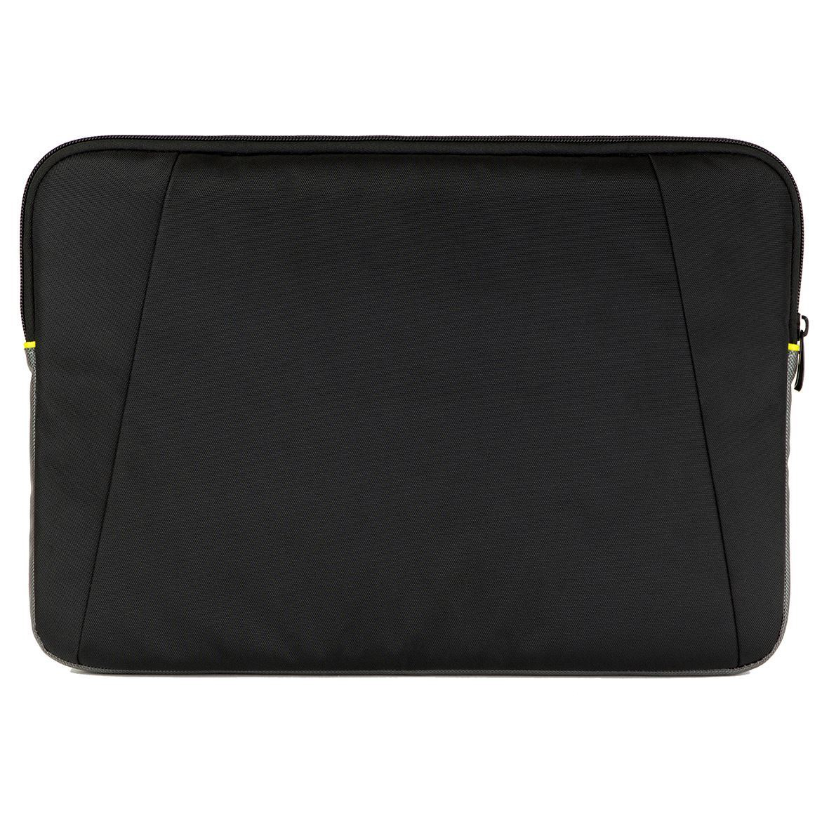Funda negra para portátil con ribete gris y detalles amarillos.