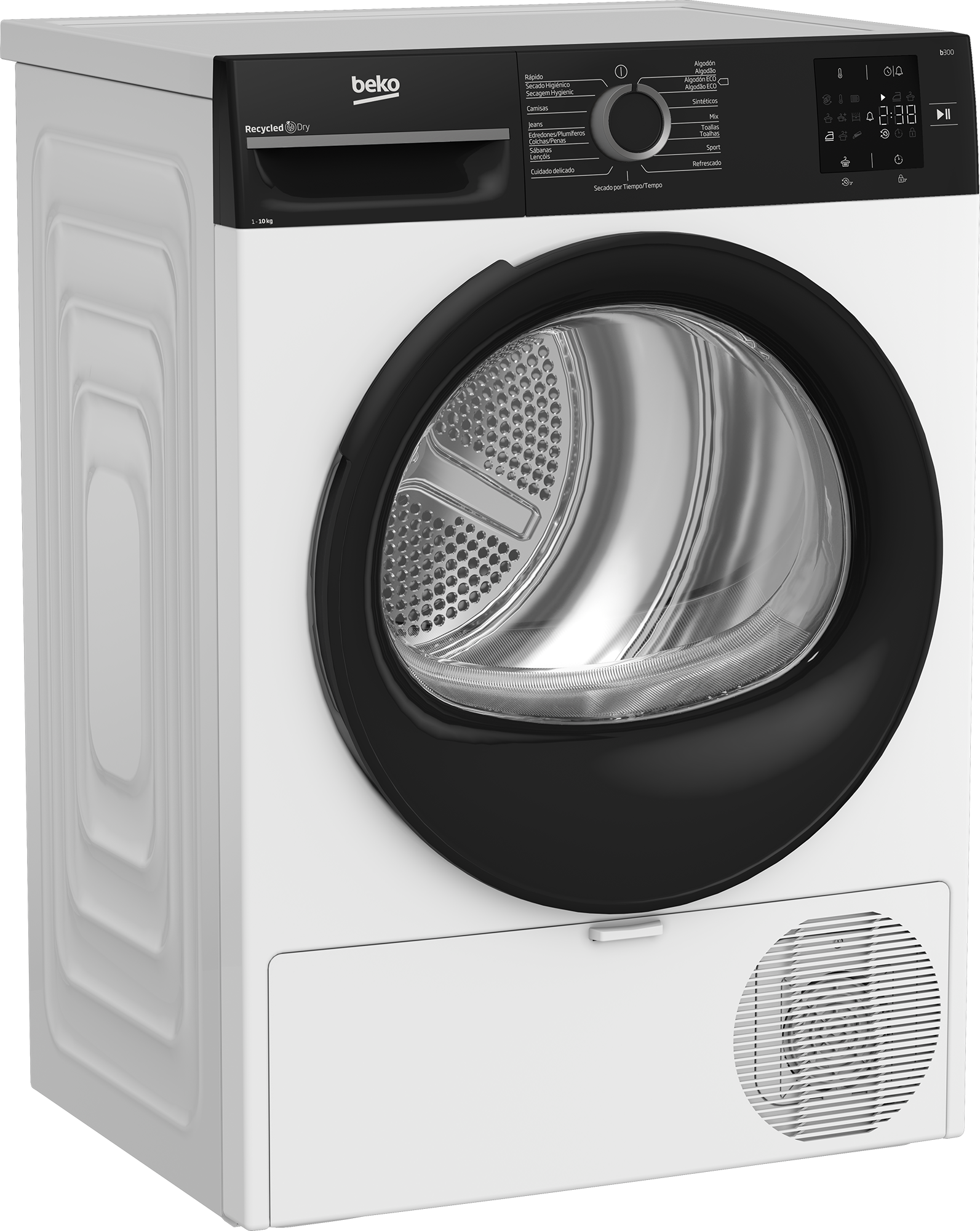 Una secadora Beko blanca con puerta y panel de control negros.
