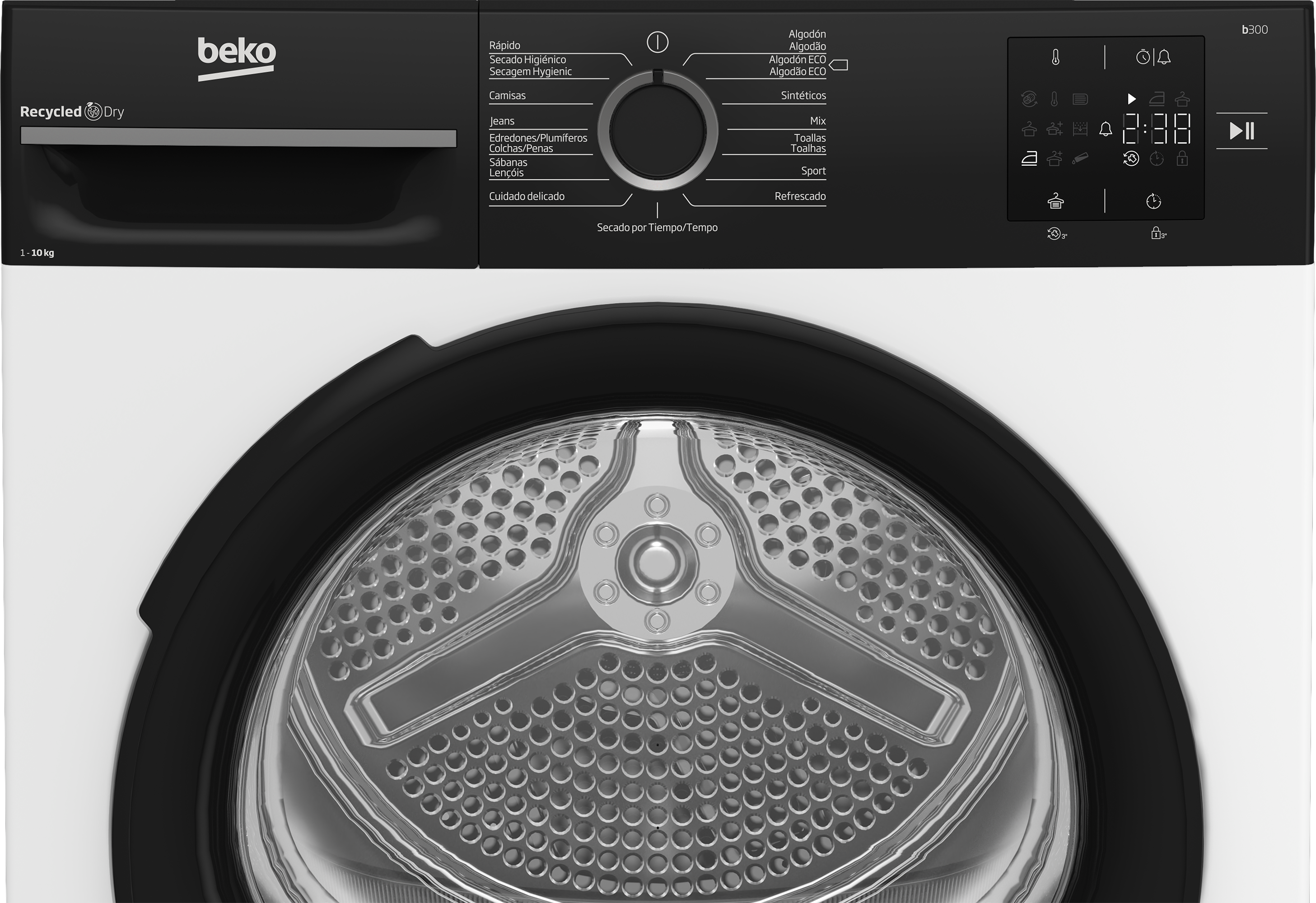 Secadora Beko con panel de control y tambor. Capacidad 1-10 kg.