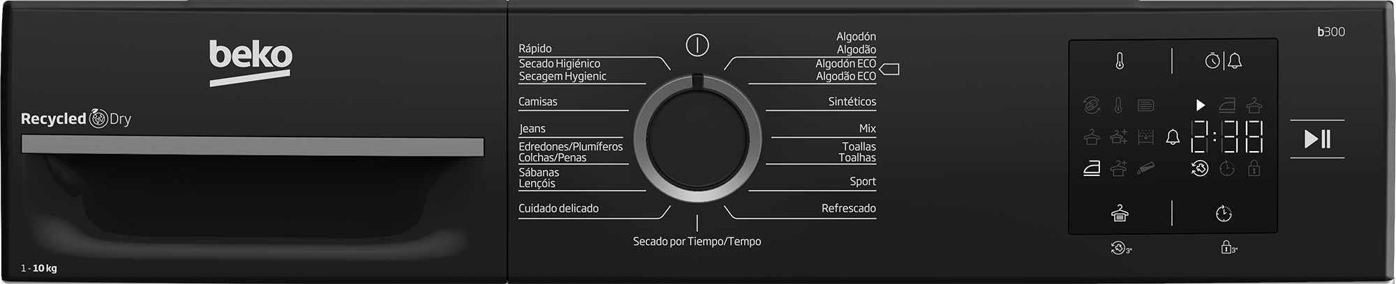 Panel de control de secadora Beko con selección de programa, temporizador y pantalla.