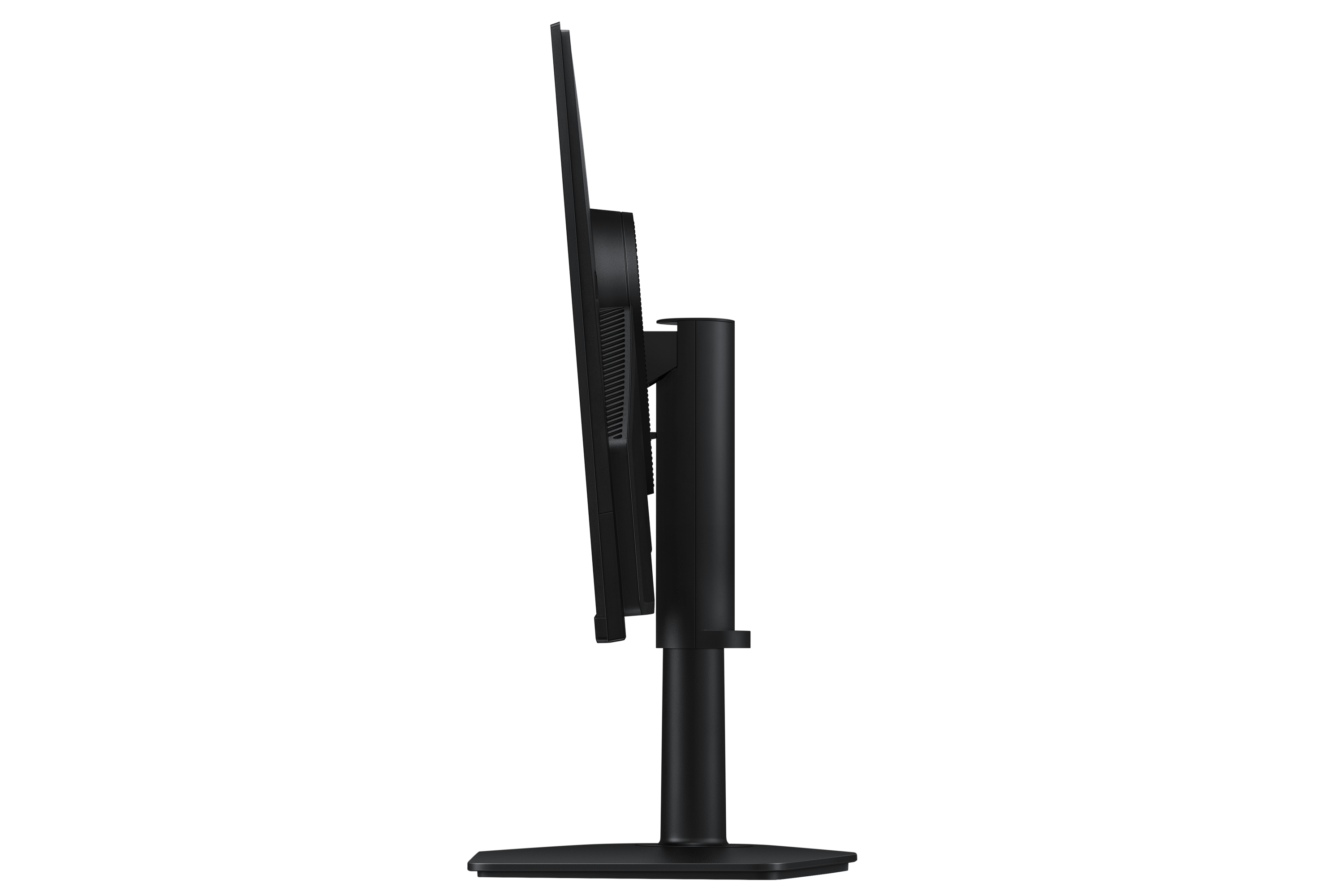 Ein schwarzer Computermonitor mit schmalem Rahmen und schwenkbarem Ständer, Seitenansicht.